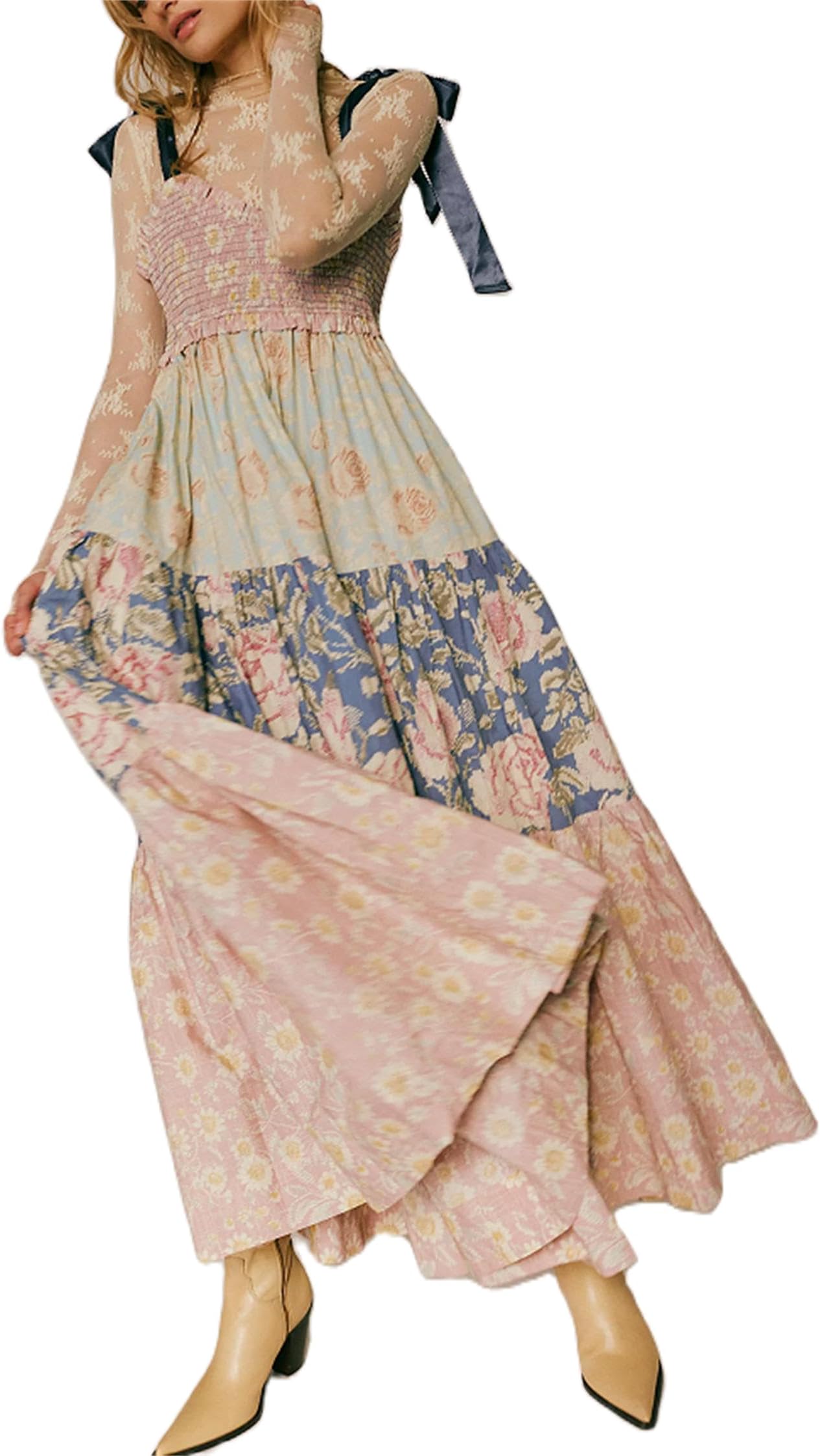Women Summer Boho Dress Floral Printing Sleeveless Tie Shoulder Flowy Maxi Dress Y2k Beachwear Sundress