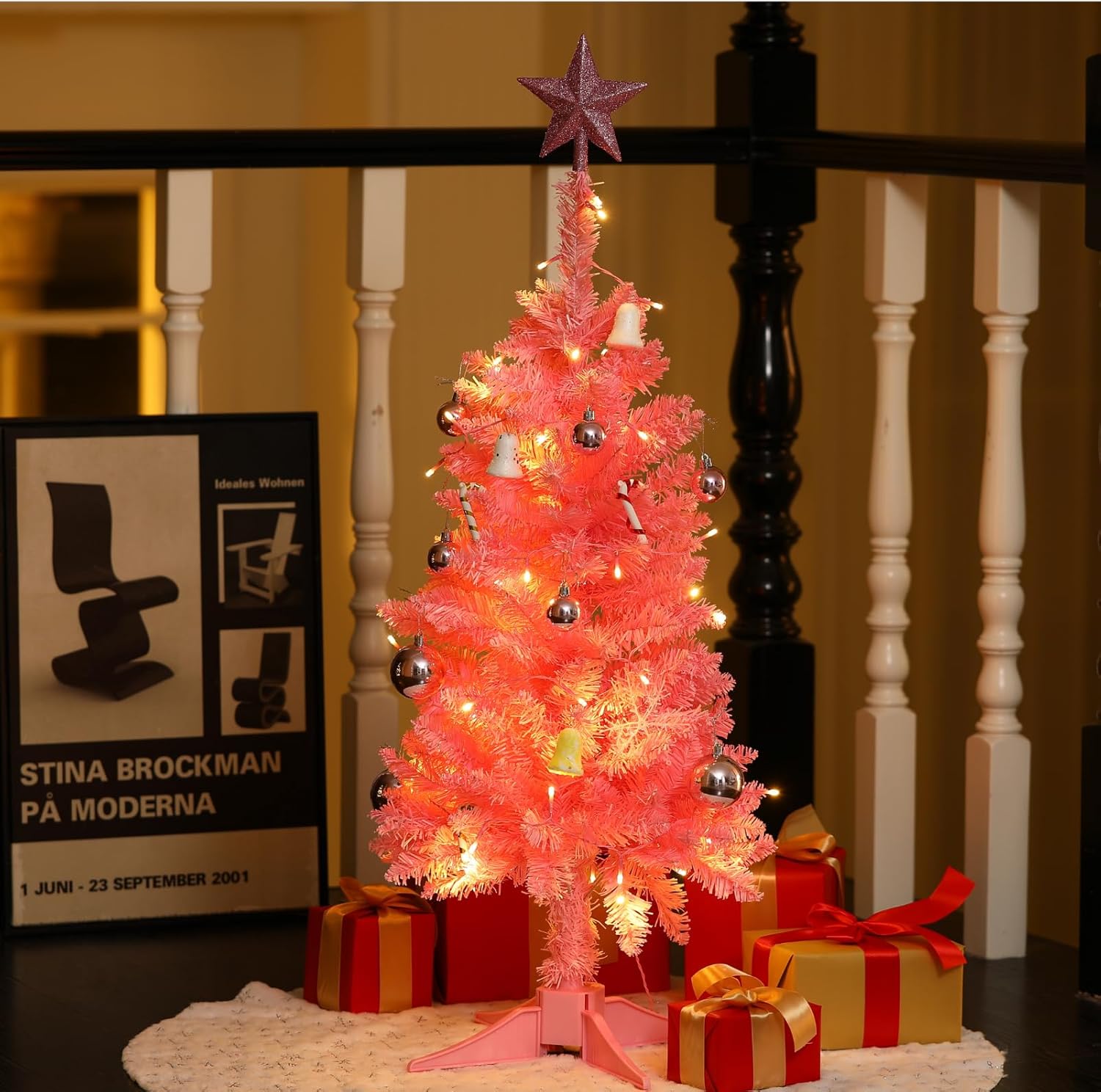 3FT Pink Christmas Tree with Lights - Hinged Small Artificial Xmas Tree - Includes 50 LED String Light, 160 Tips Dense Branches & Detachable Stand - Pink Christmas Decoration Tree for Holiday