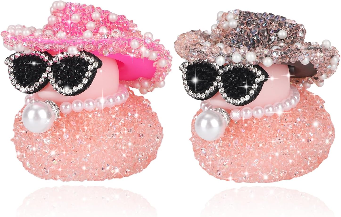 2pcs Pink Diamond Rubber Duck Car Ornaments, Rhinestone Black Duck Dashboard Decorations Cool Car Accessories with Hats Sunglasses Necklaces for Vehicle Interior Decor