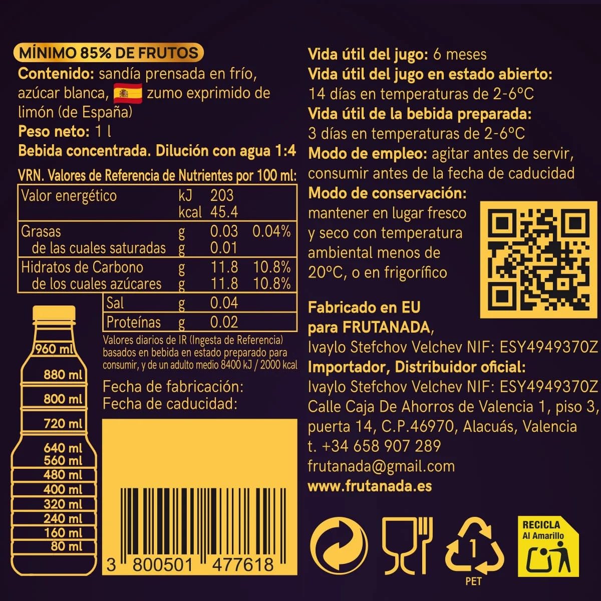 FRUTANADA – sabor Sandía & Limón, Limonada Casera Concentrada con mínimo 85% de frutas, Bebida de Sandia prensada en frio, sin colorantes, sin preservantes, 1 L concentrado da 5 L bebida refrescante