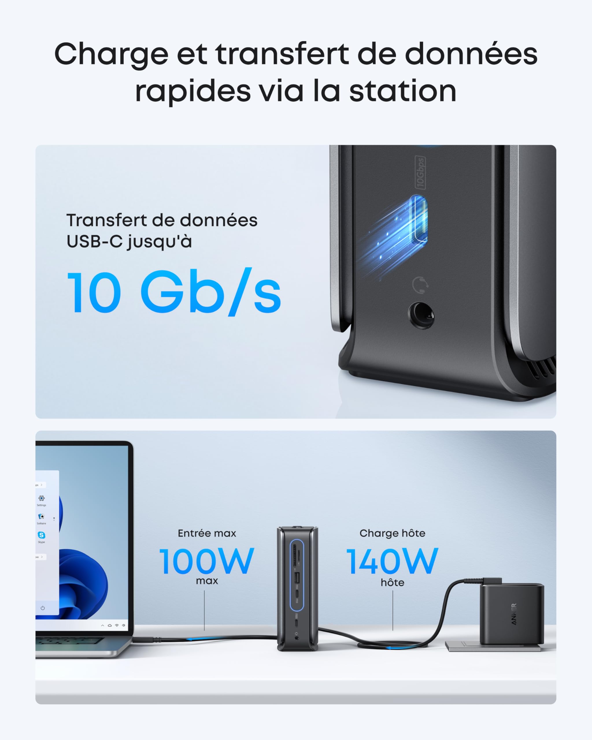Anker Nano Station d'accueil pour Ordinateurs Portables avec Concentrateur Intégré, 13-en-1, Triple Affichage avec 2 HDMI et 1 DP, USB-C 10 GB/s, 3 USB-A, Audio, SD/TF, Ethernet, 100 W Max PD