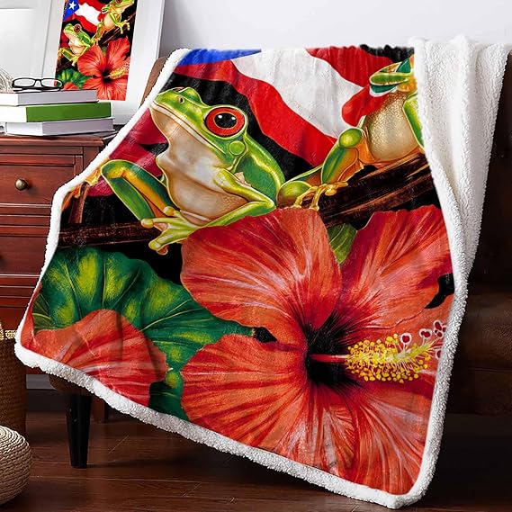 Puetro Rico Flag Sherpa Fleece Blanket, Super Thick and Warm Cozy Luxury Blanket 60x80, Frog in Flower Puerto Rico Flag Bed Blanket, Reversible Fluffy Plush Microfiber Throw Blanket for Couch