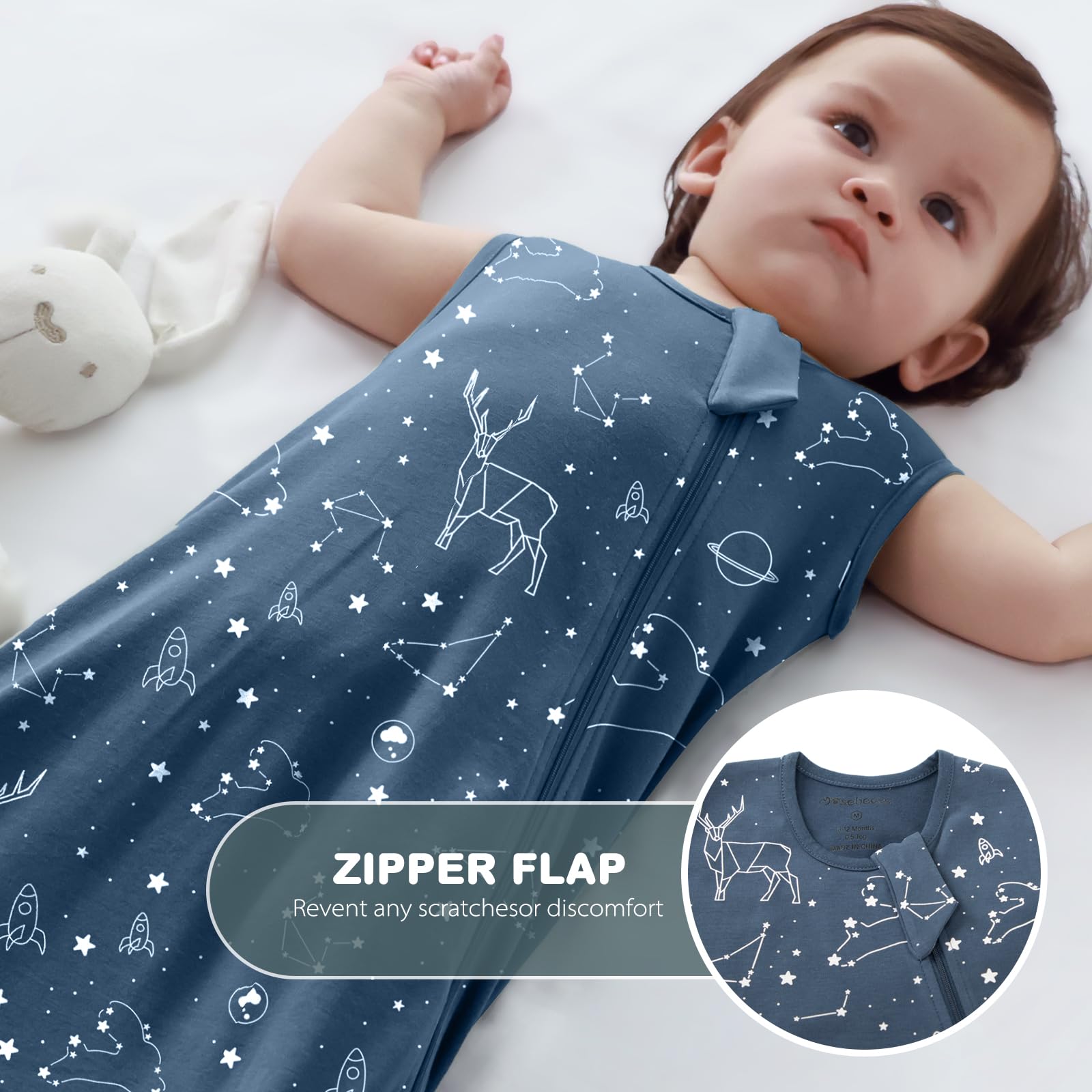 Mosebears 0.5 Tog Baby Sleeping Bag - Cotton Summer Sleep Sack for Newborns Boys & Girls(Plant&Blue,M(6-12 Months)) - Image 3