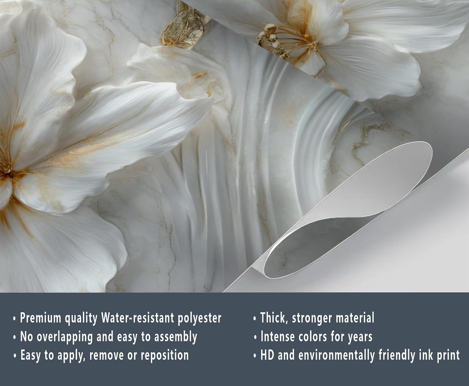 Relief White Lily Mural Wallpaper, Luxury Golden Leaves Wall Mural, Marble 3D Murals, Nordic Light Luxury Marble Large Wallpaper for Living Room Bedroom Wall Decor 79" W x 55" H