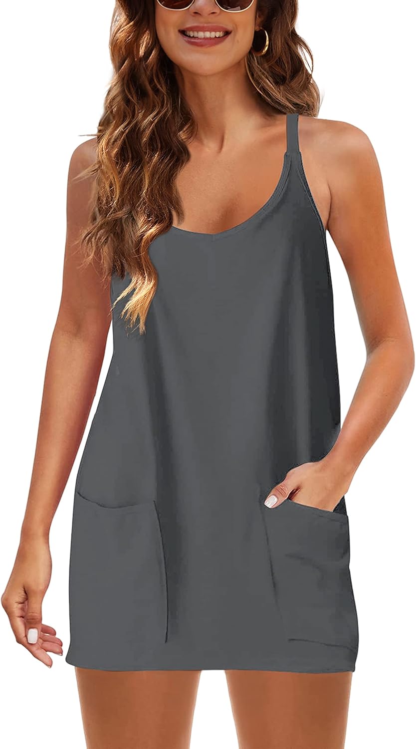 Lentta Womens Athletic Sleeveless Mini Dress with Built-in Shorts V Neck Spaghetti Strap Sundress - Image 3