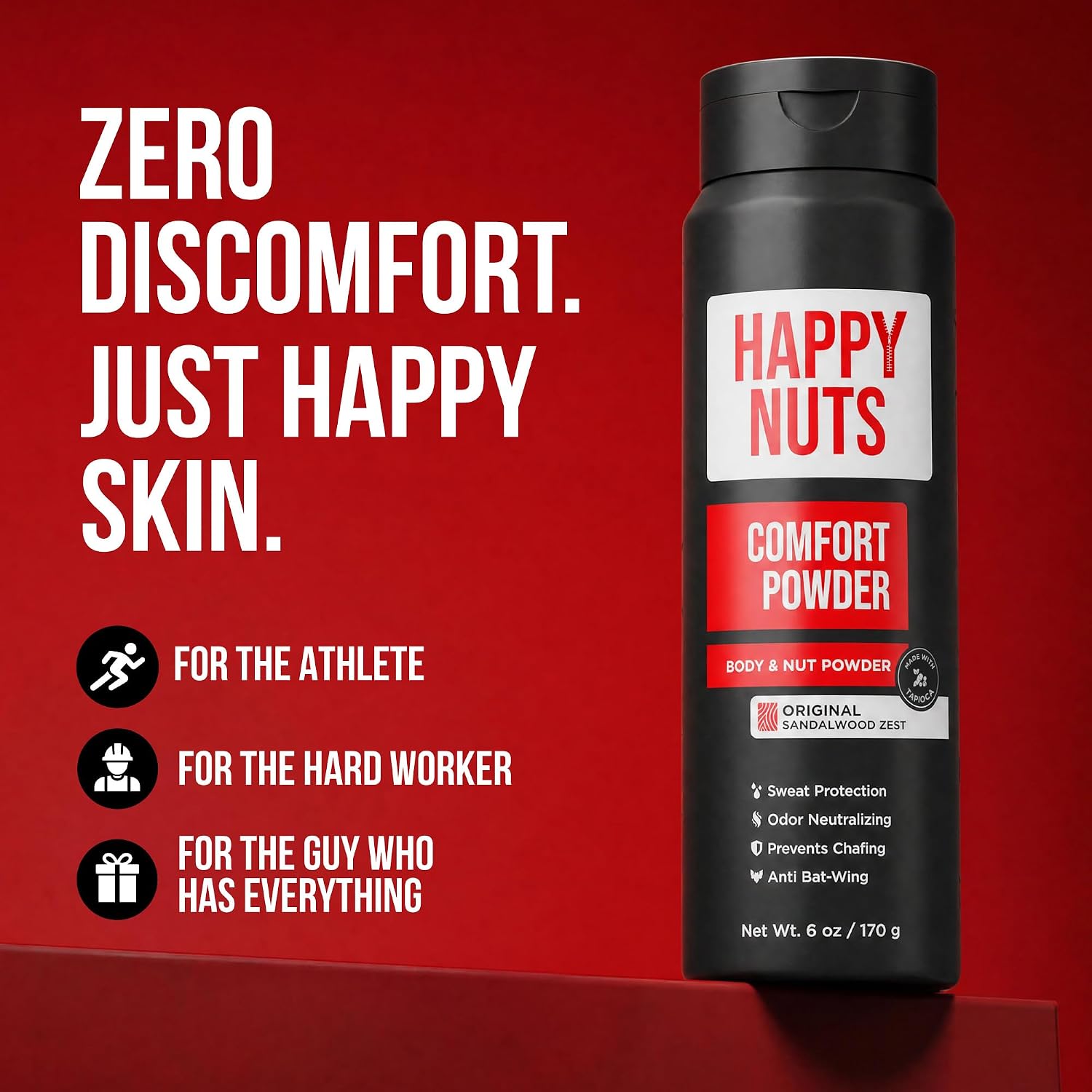 HAPPY NUTS Comfort Powder Deodorant For Men: Anti-Chafing, Sweat and Odor Control for Jock Itch, Aluminum-Free, 6 oz (1 Pack), Original Scent
