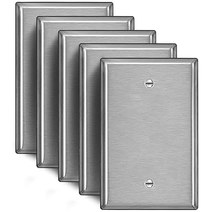 [5 Pack] BESTTEN 1-Gang No Device Blank Metal Wall Plate, Mid-Size Anti-Corrosion 430 Stainless Steel Outlet Cover, Screw Included, Silver, UL Listed