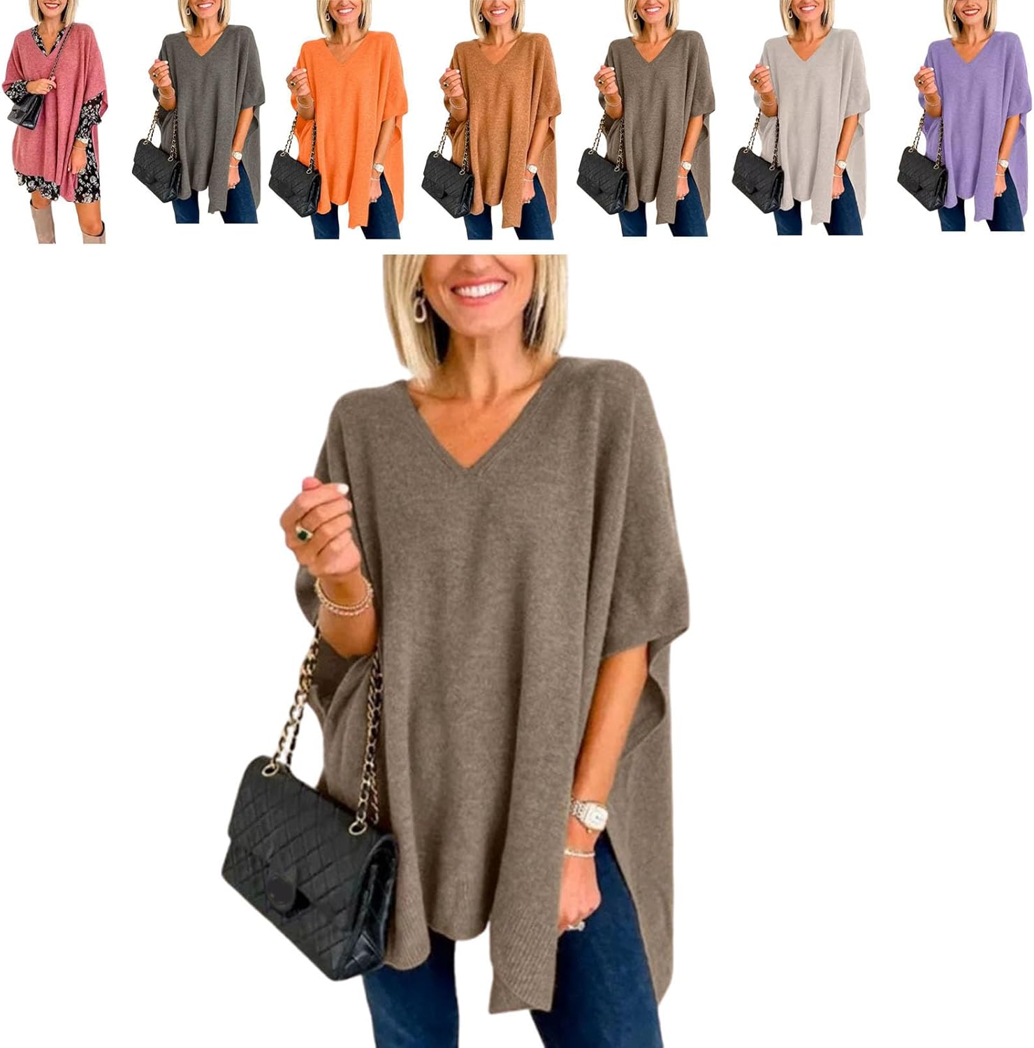 Women’s V-Neck Poncho Sweater – Batwing Sleeveless Shawl Wrap Pullover, Loose Knit Ponchos for Fall & Winter
