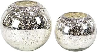 Set of 2 Modern 7 and 9 Inch Round Glass Iron Candle Holders Silver Contemporary