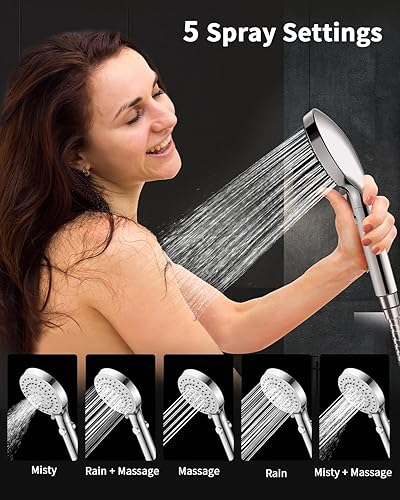 Miniatura 4 de FASDUNT Cabezal de ducha con mano, cabezal de ducha de mano de alta presión con manguera de acero inoxidable extra larga de 80 pulgadas y soporte