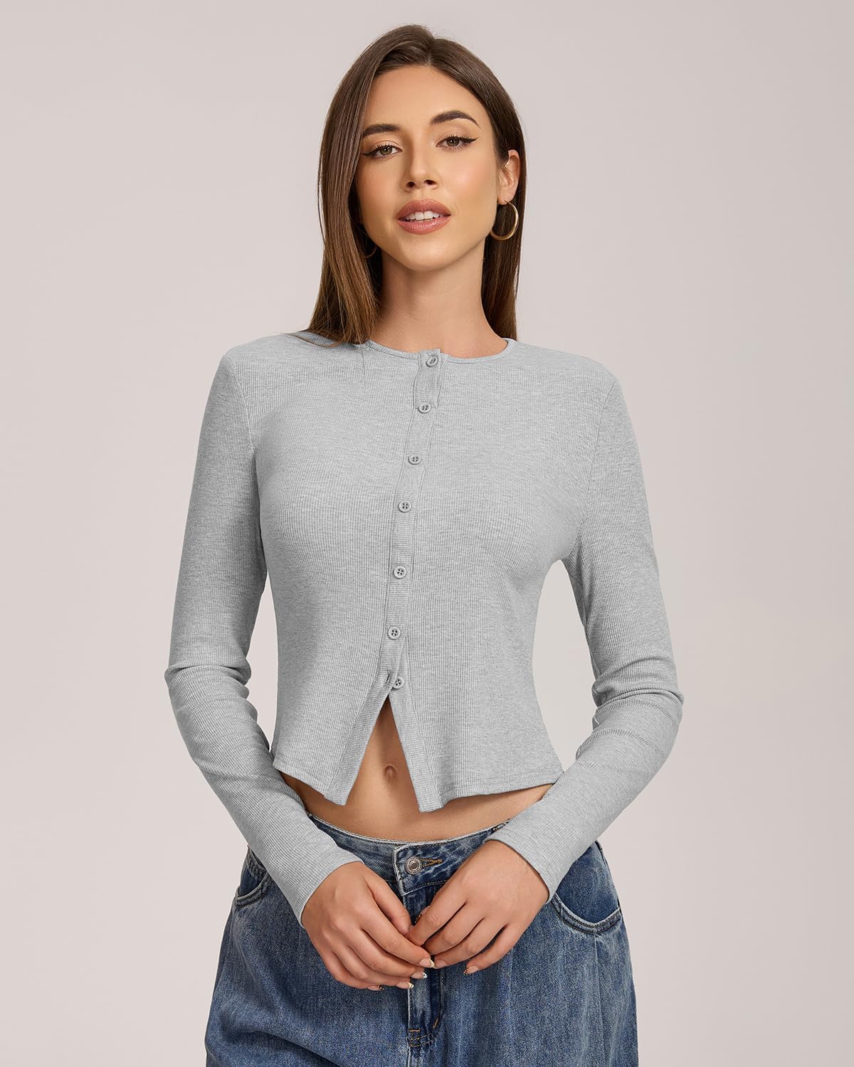 QINSEN Women's Long Sleeve Crewneck T Shirts Ribbed Button Crop Top Going Out Tops