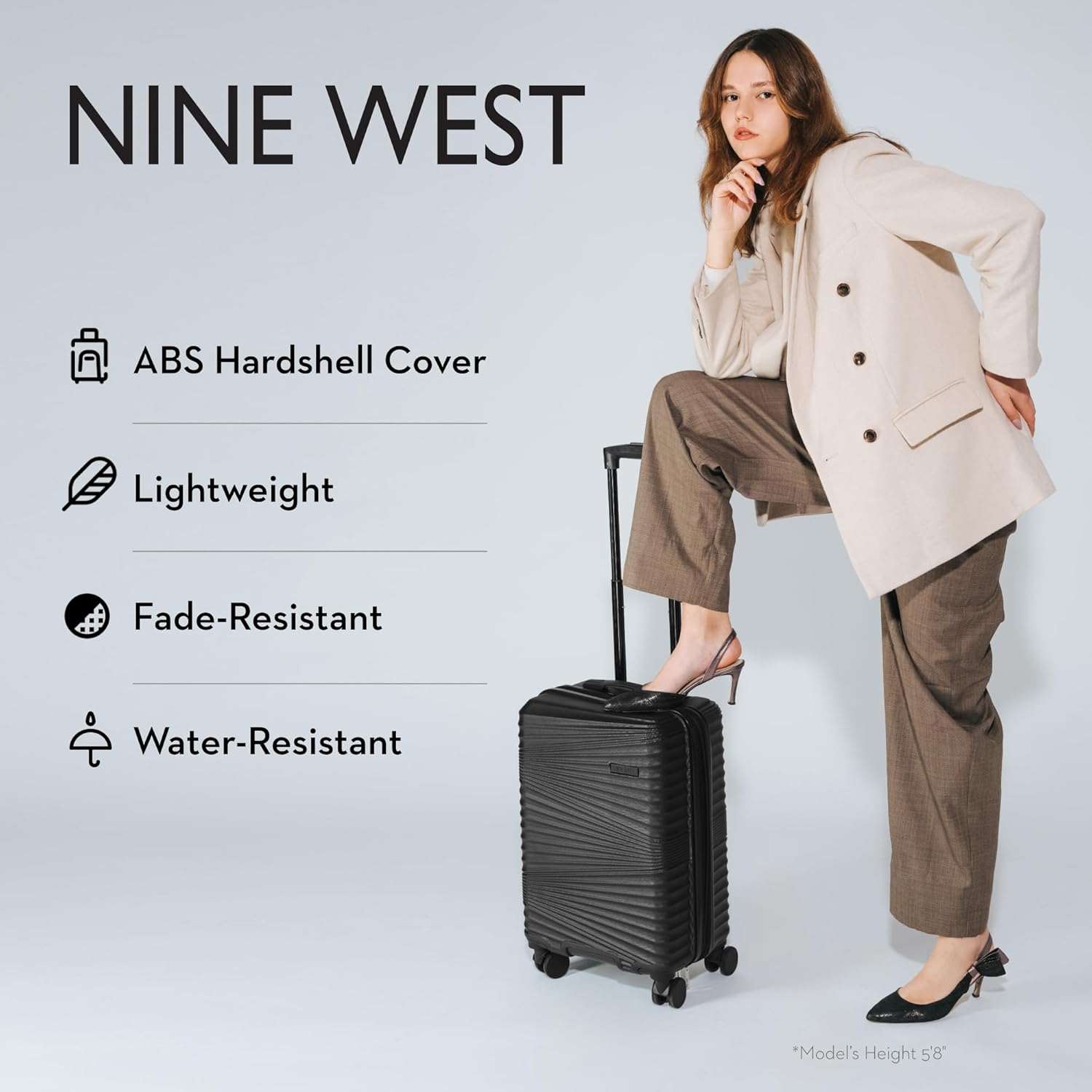 Nine West Ella 20 Inch Smart Carry On Luggage, Hardshell Spinner Suitcase with Wheels, Lightweight Airline Approved Cabin Bag, Black