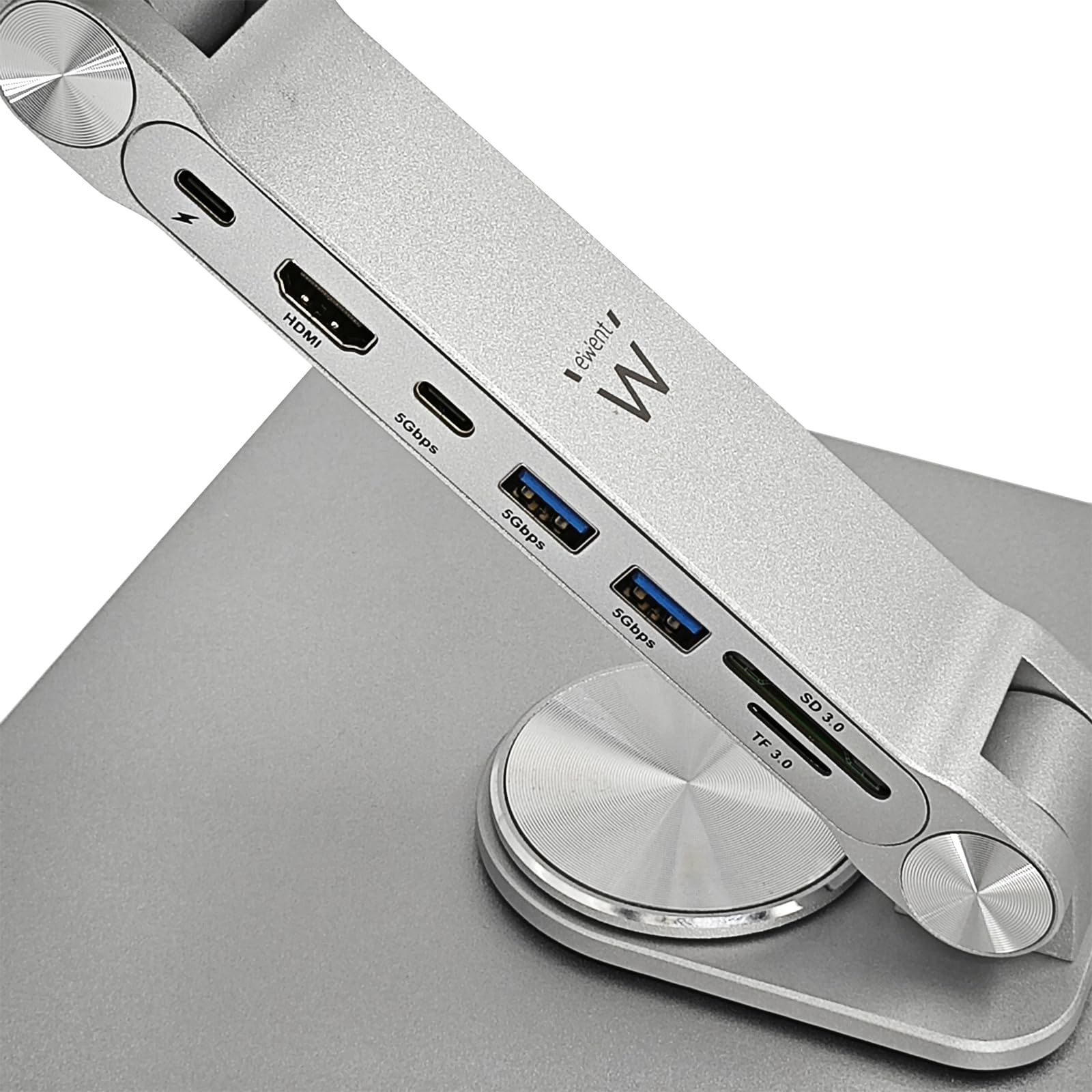 Ewent Supporto per Laptop da Scrivania in Lega di Alluminio, Supporto PC Docking Station 7 in 1 con cavo USB-C, Rialzo per Laptop Ergonomico Regolabile in Altezza con Rotazione 360°, Base Antiscivolo