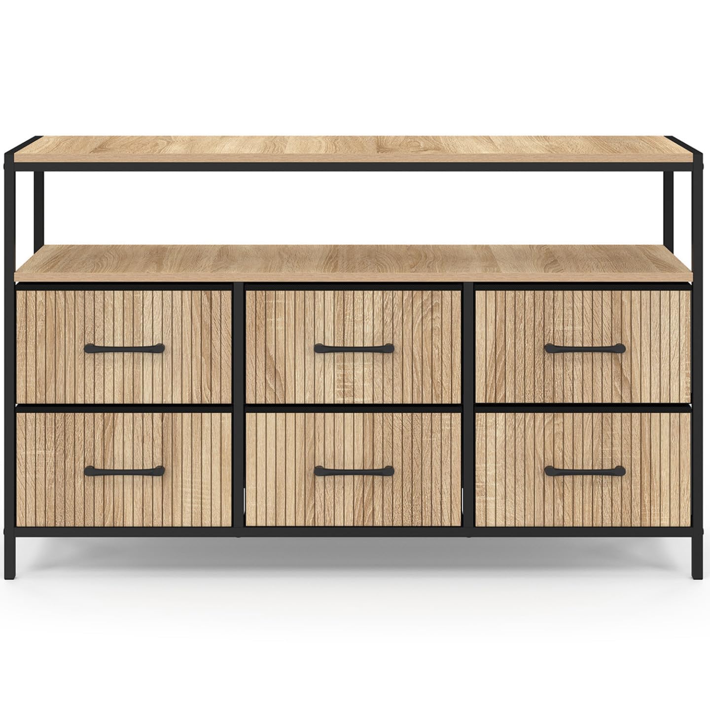 IDMarket - Cómoda con 6 cajones de tela Utah, 115 cm, con nicho efecto lamas, mueble de almacenamiento, diseño industrial