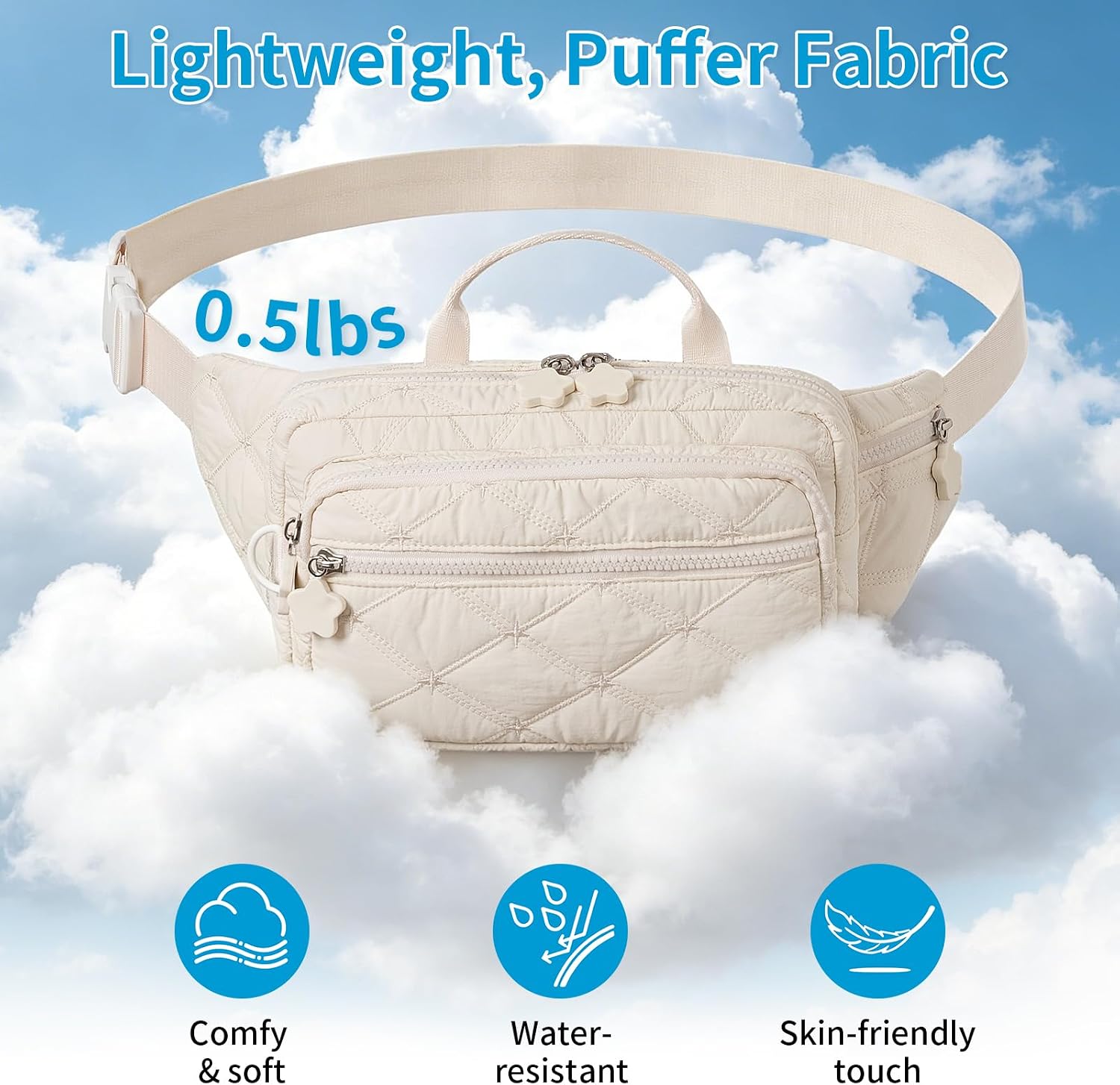 Quilted Fanny Pack for Women, Lightweight Puffy Crossbody Sling Belt Bag with Adjustable Strap, Multi-Pocket Dual Zipper Waist Purse for Travel Running Casual Daily Use (Black)