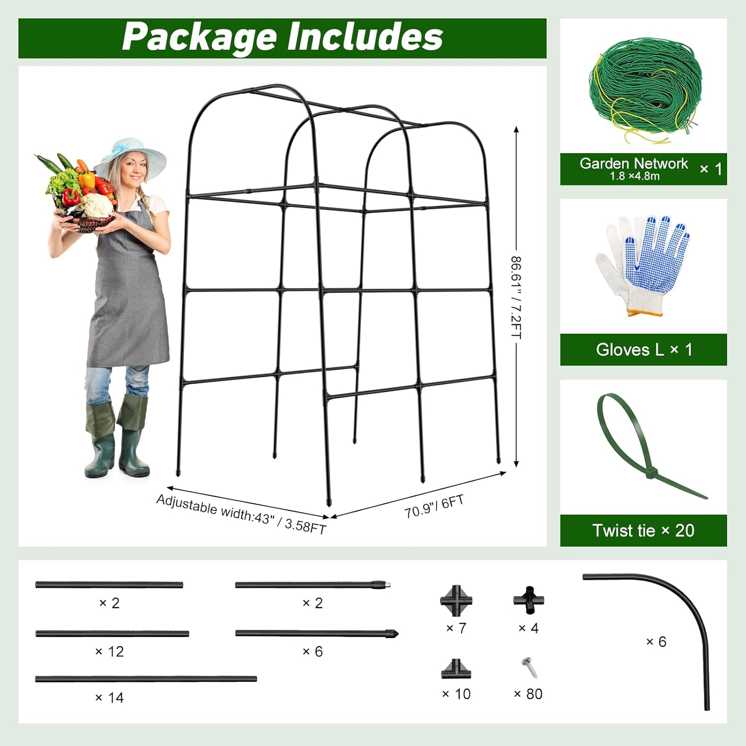 7ft cucumber trellis for raised bed, garden arch trellis for climbing plants outdoor indoor, metal trellis support with net for vegetables tomato zucchini squash beans peas melons, rose flowers,vines 7ft/86.61 * 70.86"