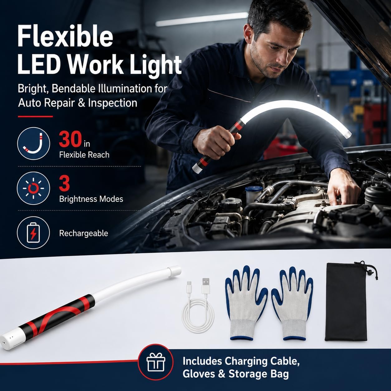 Flexible LED Light Stick 30", Rechargeable Bendable Work Light Kit | Includes Carrying Bag, Anti-Slip Gloves, High Lumen 3-Mode Flexible Flashlight Stick for Car Repair, Inspection &Tight Spaces