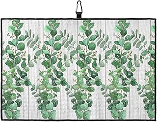 OComster Rustic Green Leaves Filling Spring Golf Towel with Carabiner Clip, Summer Retro Wooden Borad Microfiber Waffle Pattern Golf Towel, Golf Accessories for Cleaning Clubs and Balls, 24x16 in