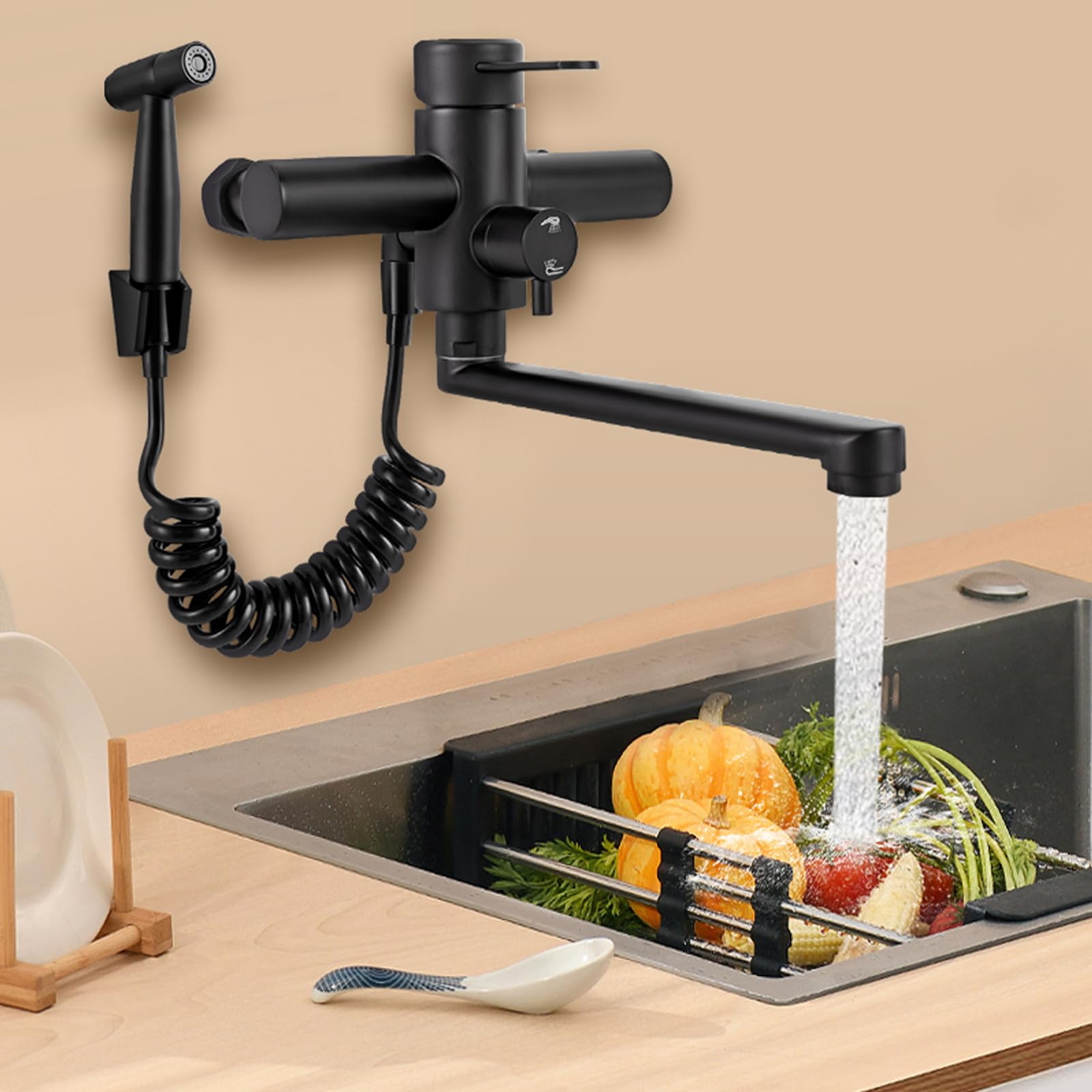 Grifo de cocina negro de acero inoxidable montado en la pared, multifunción giratorio 360°, grifo de pared para cocina con pistola pulverizadora, monomando mezclador monomando para fregadero con 3