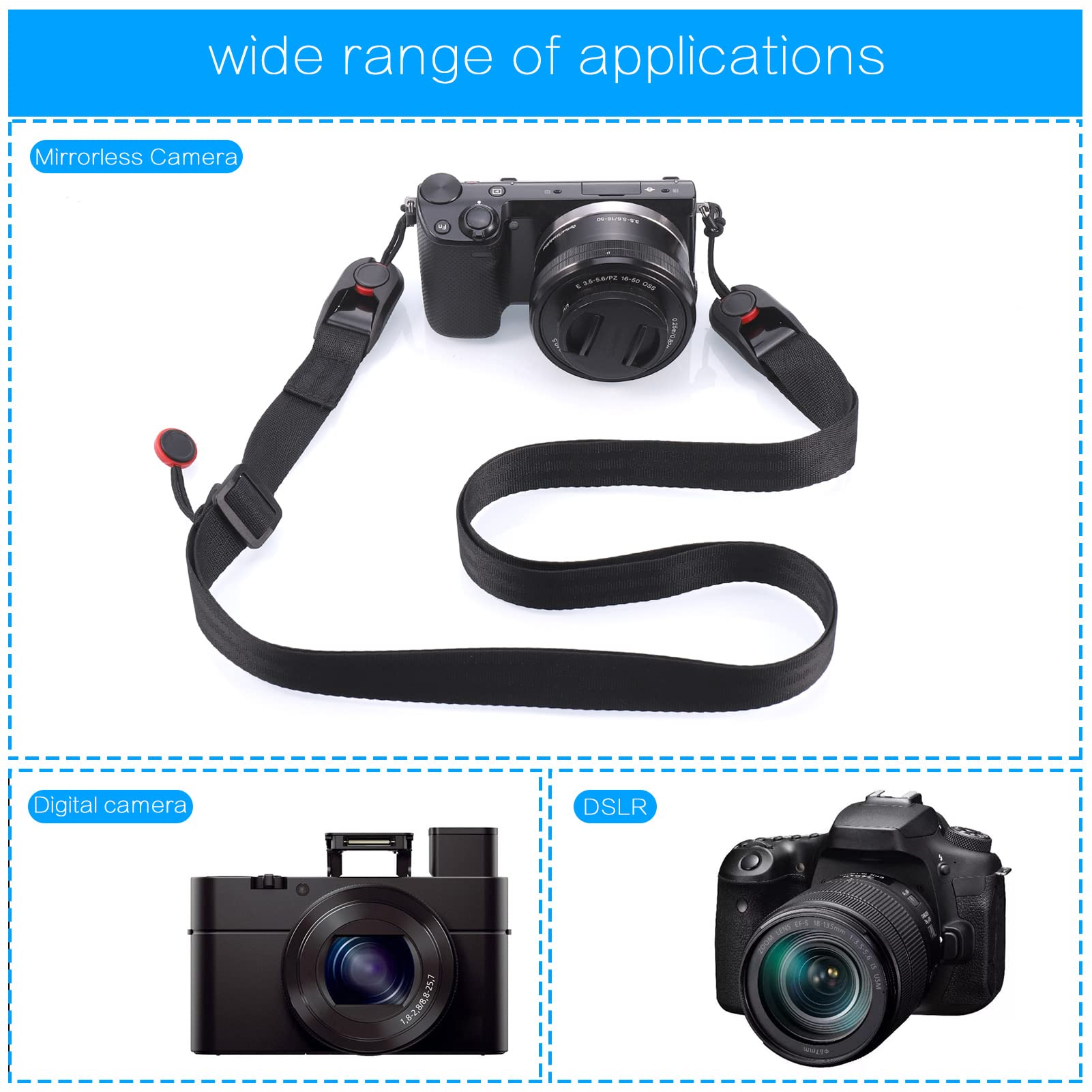 Zocipro Pasek do Aparatu – Regulowany Pasek na Ramię z Szybkim Złączem, Uniwersalny Szelka dla Canon, Sony, Nikon, Fujifilm, Olympus DSLR – Długość Regulowana