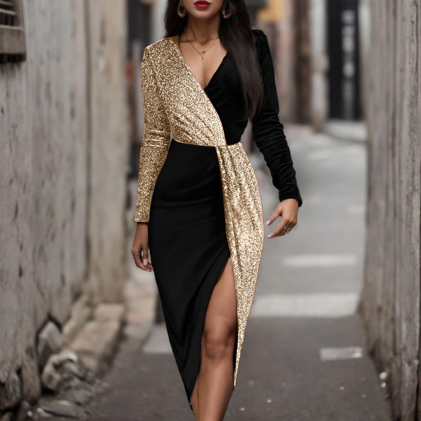2026 Mi-Longue Manches Longues pour Femmes Style National Noir et Or Unique Élégante Jupe à Haute Tenue Décontractée