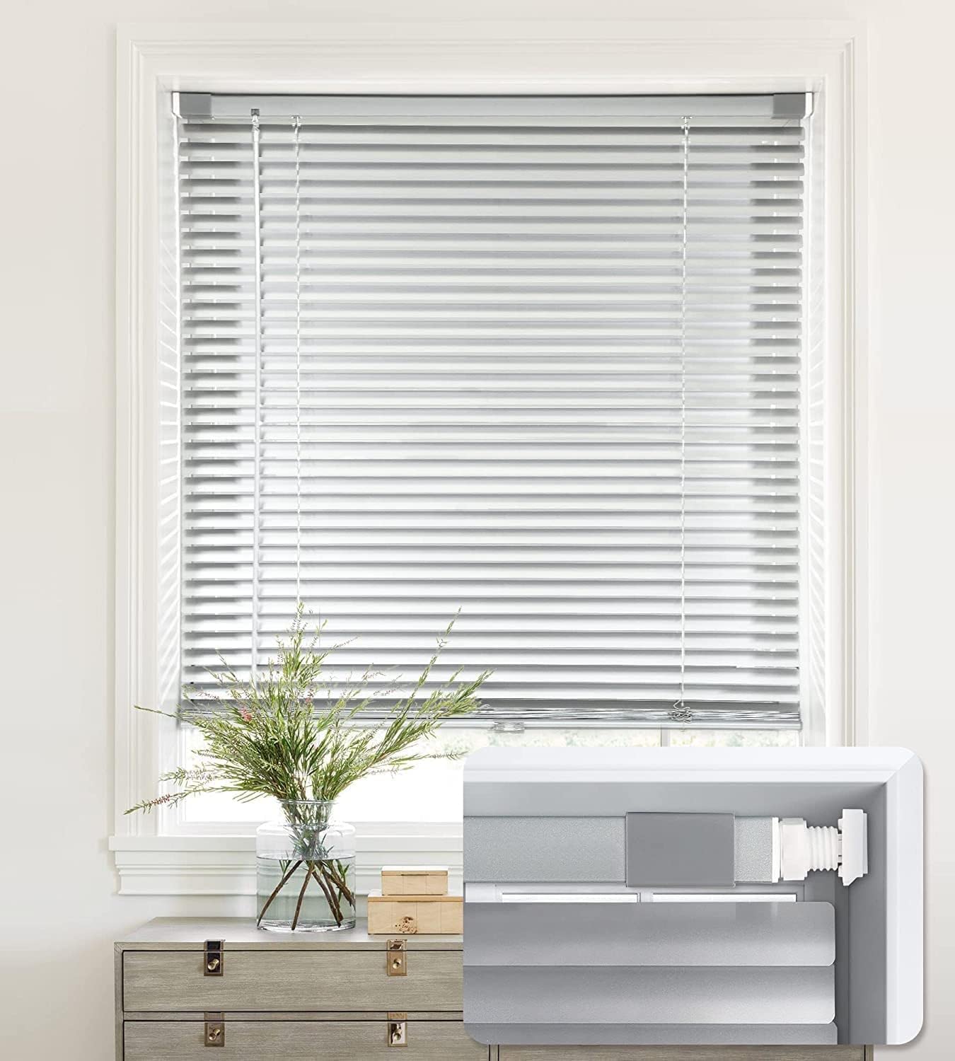 LazBlinds No Tools-No Drill 1" Aluminum Mini Blinds, Cordless Blinds for Windows, Custom Size Light Filtering Horizontal Window Blinds, Silver Grey