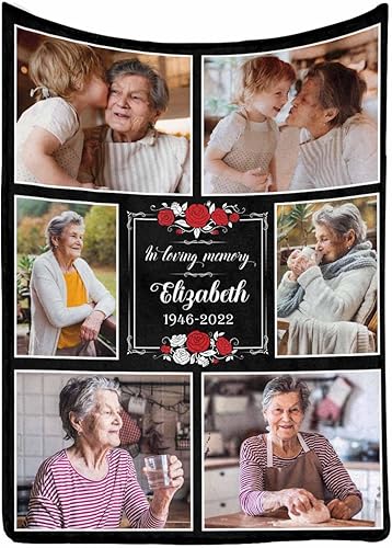 Miniatura 2 de LOSARON Mantas conmemorativas personalizadas con fotos por pérdida de madre, papá, abuela en el cielo en memoria amorosa de flores rojas, 6 fotos,