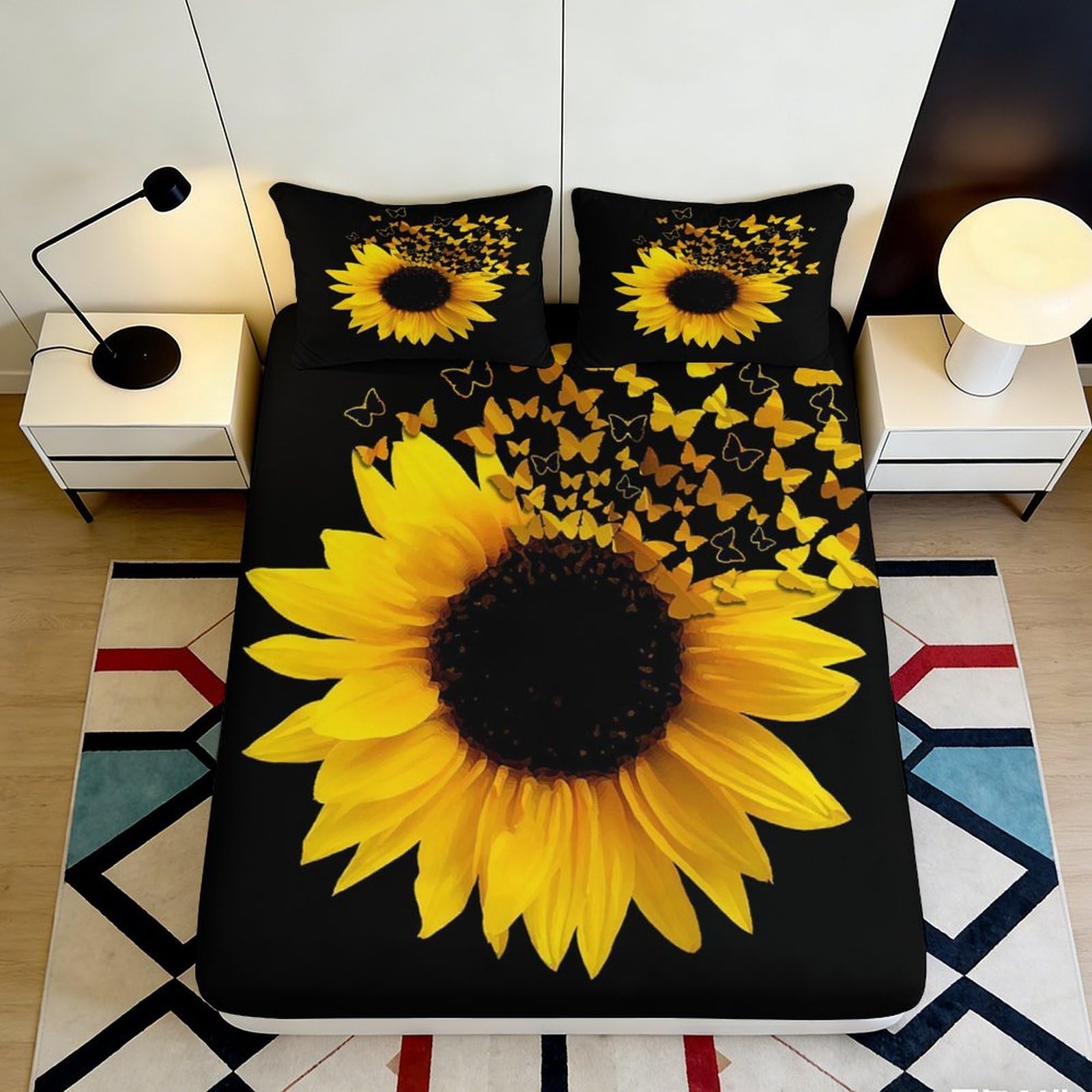 3D Printed Sunflower Fitted Sheet Microfiber Soft Breathable Butterfly Bed Cover for Bedroom Dorm Dormitory Guest Room Mattress Protection 120x200x25cm