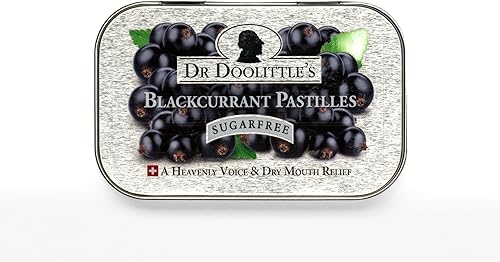 Dr. Doolittle's Pastillas de frutas suaves sin azúcar para voz y garganta, sabor a grosella negra, lata de 2.12 onzas, paquete de aproximadamente 25