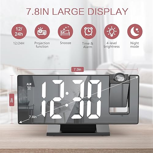 Miniatura 2 de Reloj despertador de proyección, reloj de proyección para techo de dormitorio, reloj despertador LED de 7.8 pulgadas con proyector giratorio de 180,