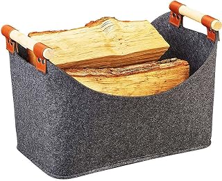 Sunhotty Felt Firewood Carrier with Wooden Handles 15×8.7×11in Foldable Log Storage Bag Lightweight Firewood Carrier Tote Bag Heavy Duty Log Carrier for Camping Shopping Fireplace Newspapers Toys Sund