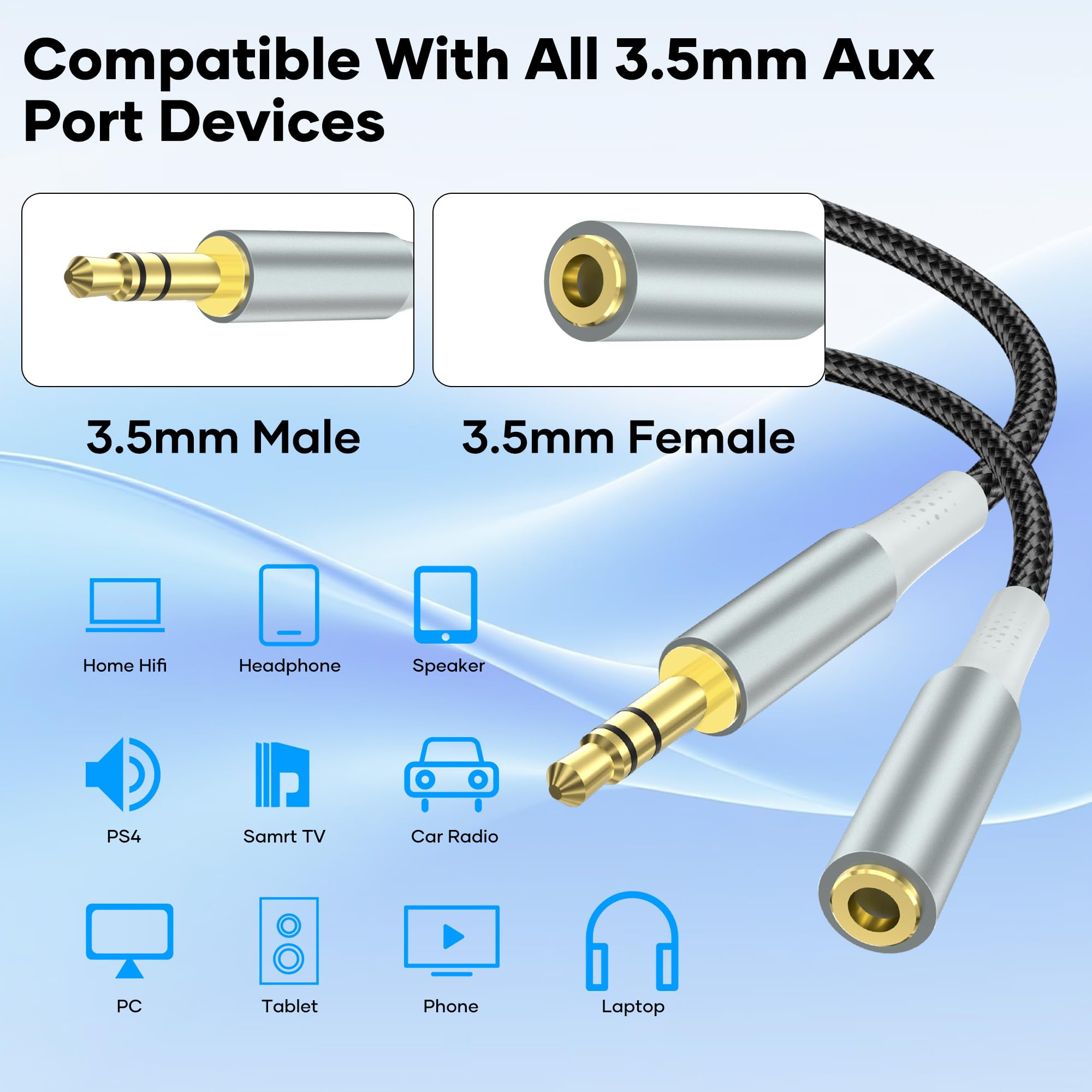 Kabel przedłużający jack 3 m, nylonowy, pleciony, 3,5 mm, stereo jack audio, przedłużacz do gniazda wejściowego AUX, kompatybilny ze smartfonami, iPhone'ami, słuchawkami, głośnikami, odtwarzaczami