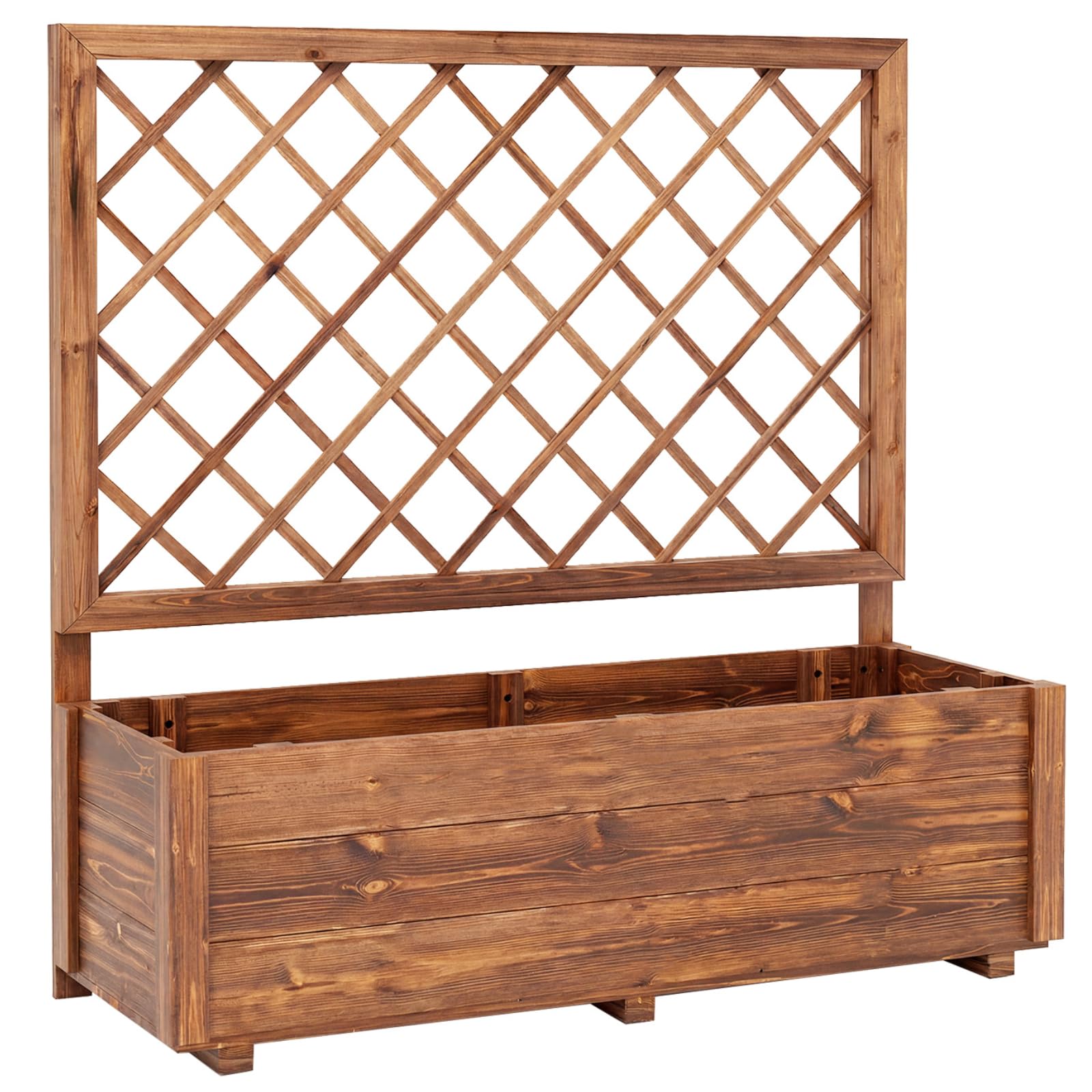 TANGZON Raised Garden Bed with Trellis, Freestanding Solid Wood Planter with Drainage Hole, Outdoor Elevated Trough Planting Support Box for Vine Climbing Plant (Orange, No Liner, 98 x 34 x 104 cm)