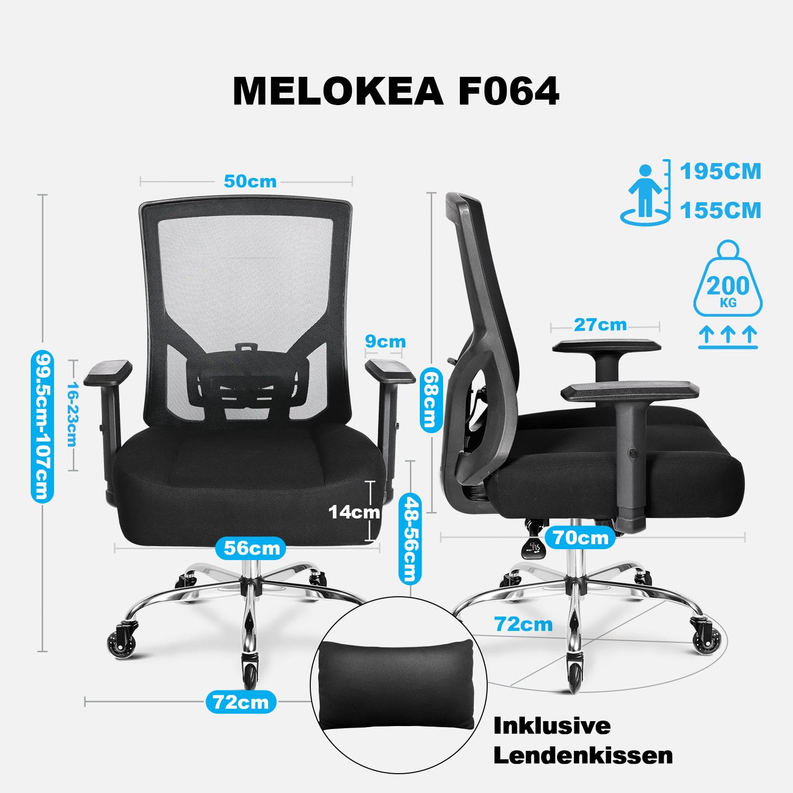 MELOKEA Bürostuhl 200KG XL [Lendenkissen Inklusive], Bürostuhl Ergonomisch | Breites & Dickes Federkern-Sitzkissen, Gummirollen,Verstellbare Lendenwirbelstütze, Stufenlose Neigungsfunktion, Home Office