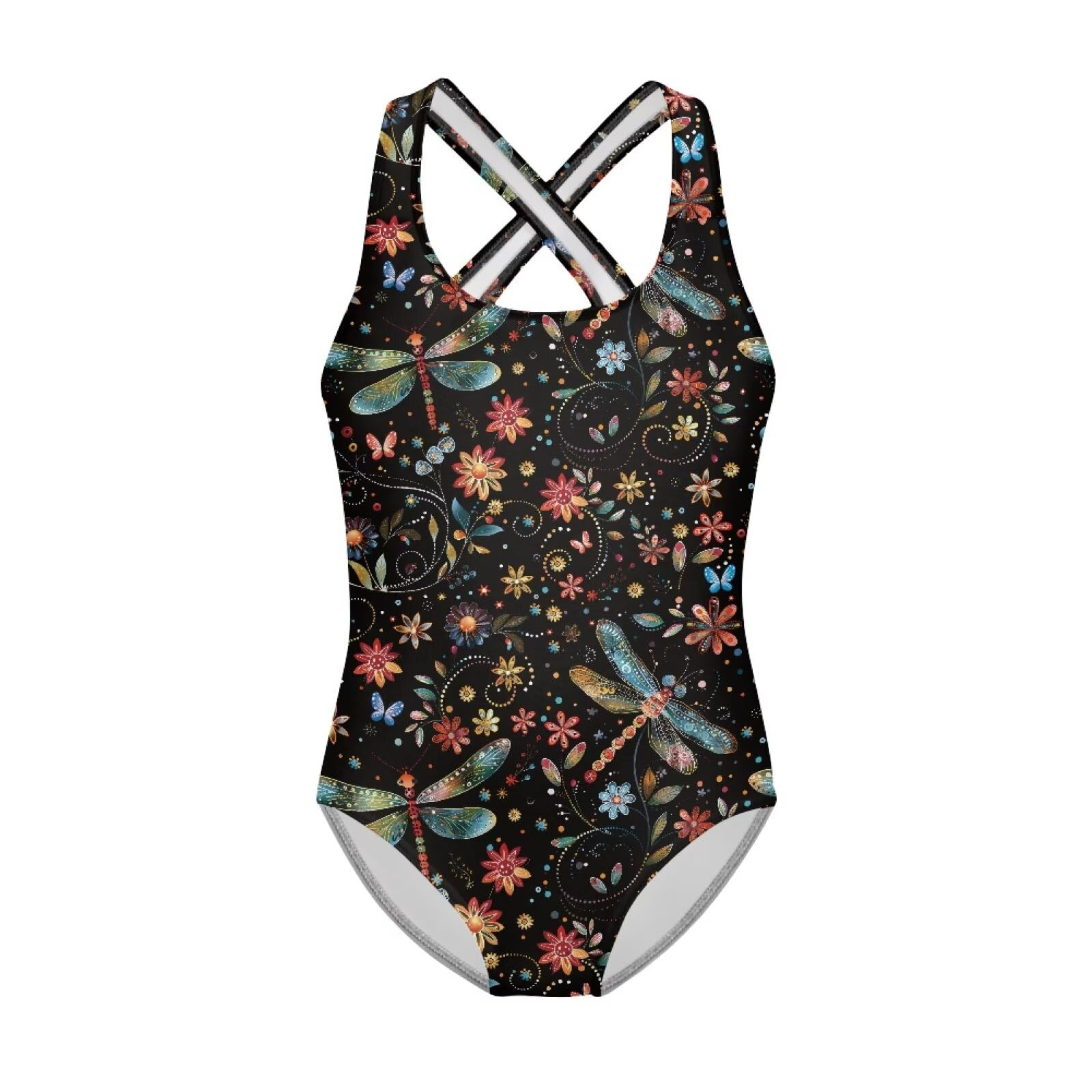 Gzzxiailg Dragonfly Floral Girls One Piece Swimsuits Sleeveless Round Neck Bathing Suit Summer Sport Swimwear Gymnastics Leotards for Practice and Competition
