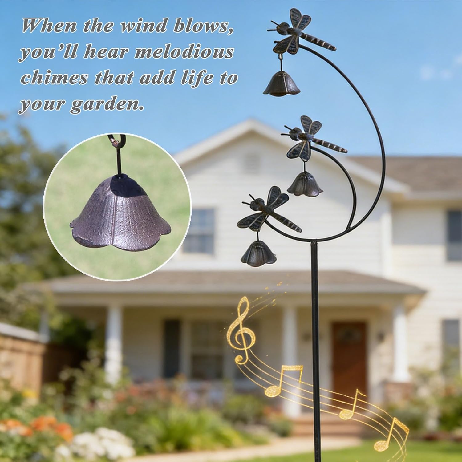 Gardens Metal Dragonfly with Bells for Outside Yard Art，Decorative Garden Stakes