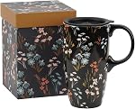 17oz Mug de voyage en céramique avec couvercle, Boho tasse à café florale avec poignée, micro-ondes & Lave-vaisselle, Grande coupe de voyage en céramique, Boîte cadeau incluse
