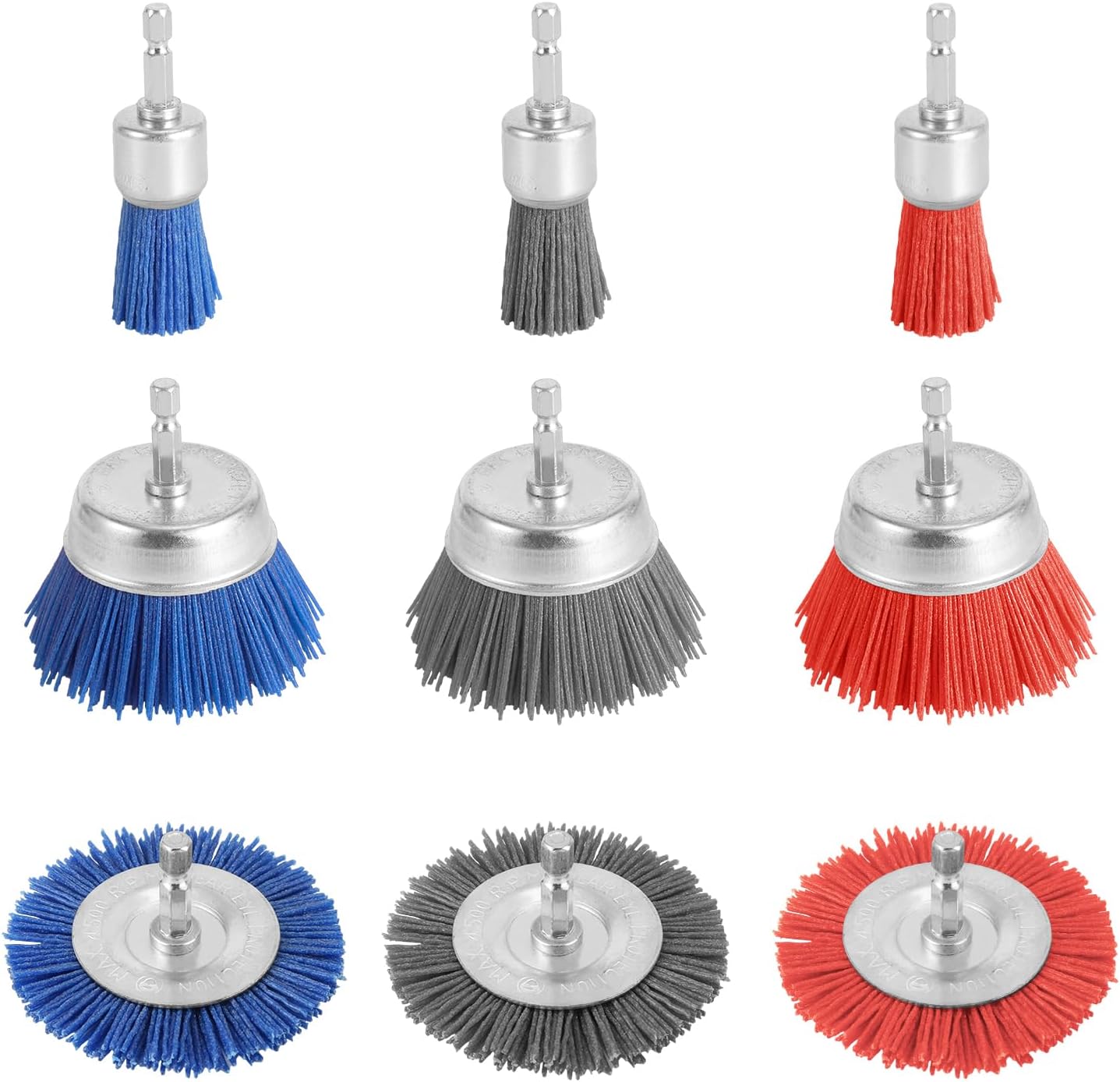 9pcs Nylon Wire Wheel & Cup Brush Set for Drill, 3 Sizes Abrasive Brush with 1/4in Hex Shank for Cleaning Sanding Drill Scrub Brush Attachment Remove Paint 80/100/240 Grit