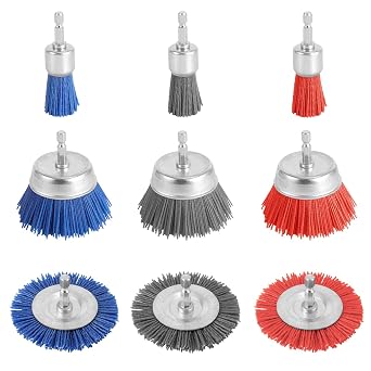 NQEUEPN 9pcs Nylon Wire Wheel & Cup Brush Set for Drill, 3 Sizes Abrasive Brush with 1/4in Hex Shank for Cleaning Sanding Drill Scrub Brush Attachment Remove Paint 80/100/240 Grit, Blue