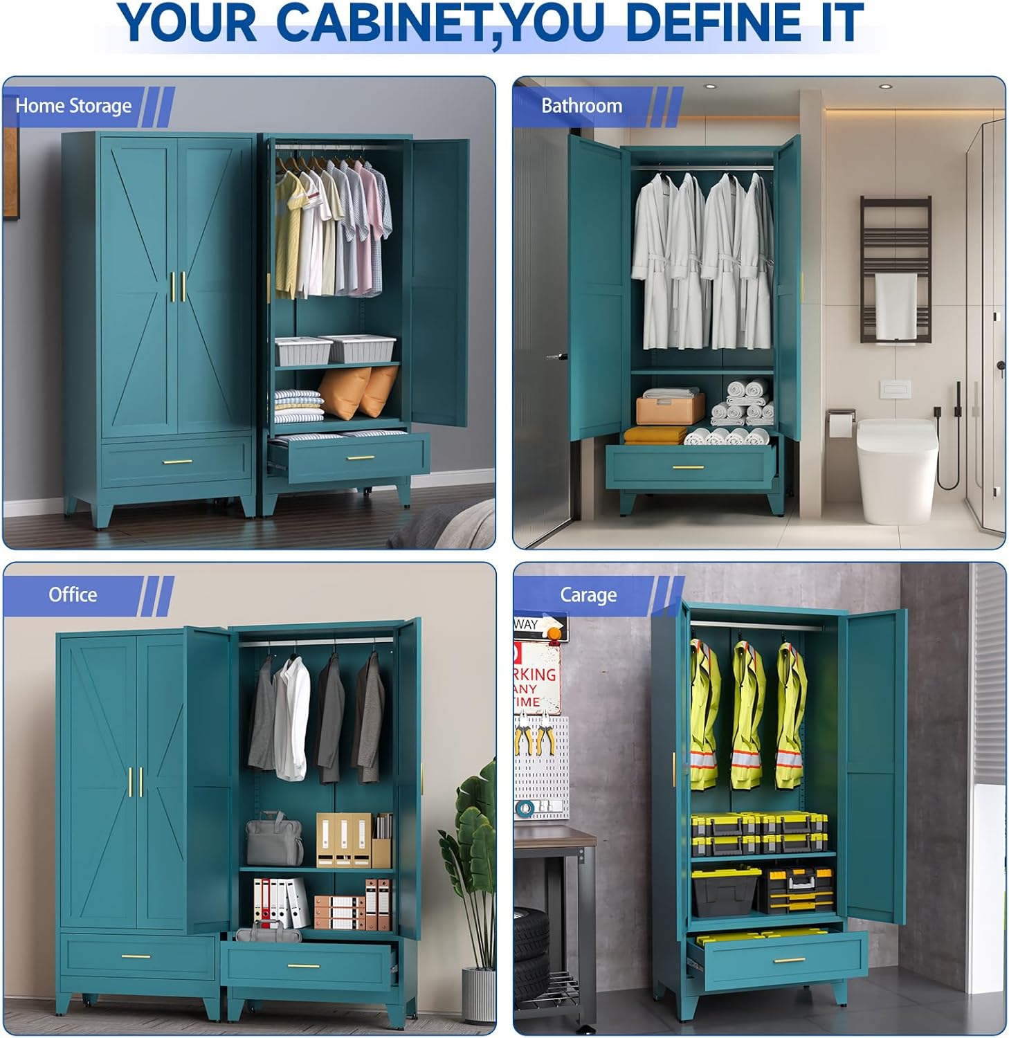 Steel Armoire Wardrobe Closet, 71" Metal Clothing Storage Cabinets with 2 Doors, 1 Drawer & 1 Adjustable Shelf, Blue Wardrobe Cabinet with Hanging Rod for Bedroom, Gym