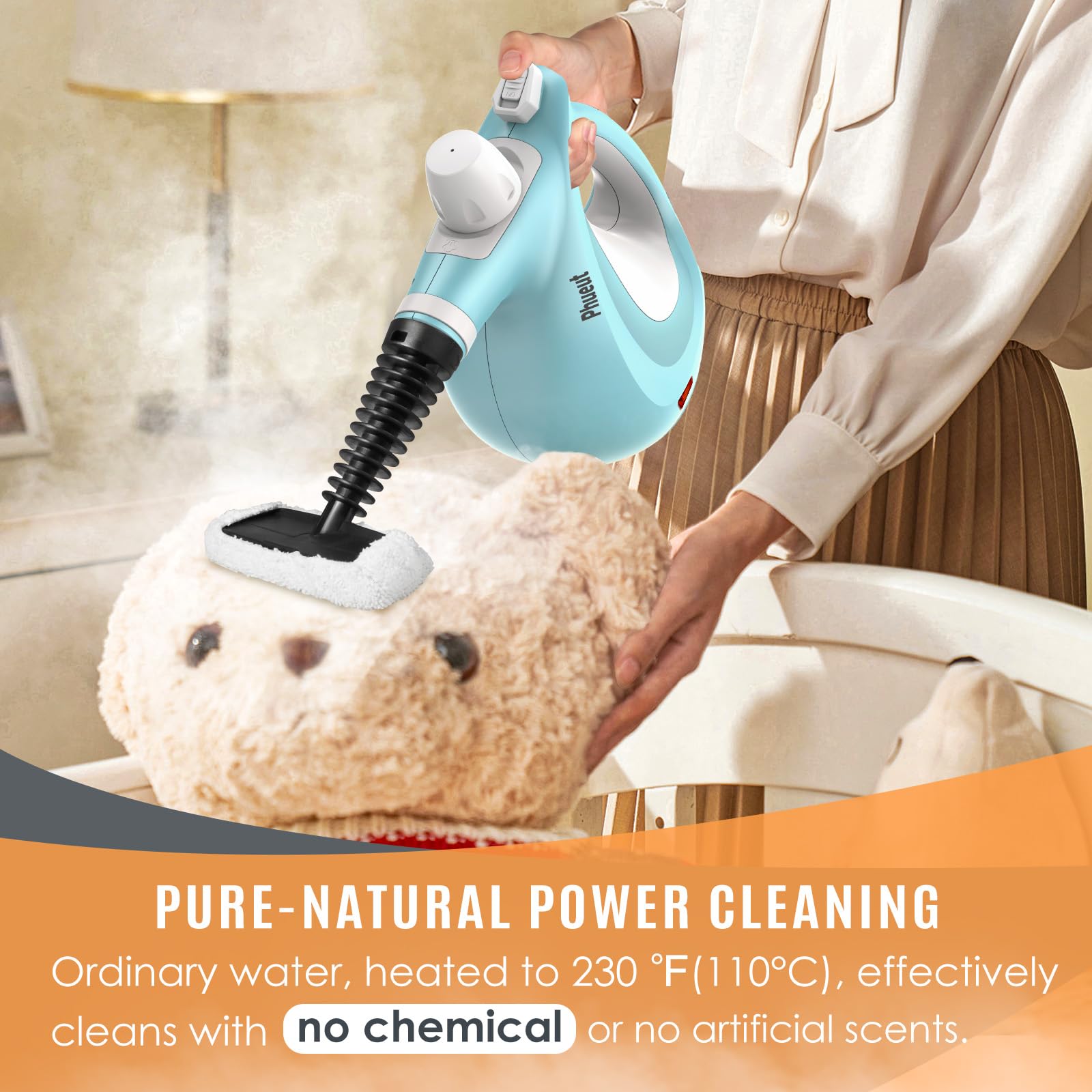 Pressurized Handheld Multi-Surface Natural Steam Cleaner with 12 pcs Accessories, Multi-Purpose Steamer for Home Use, Steamer for Cleaning Floor, Upholstery, Grout and Car () (Grey): Blue