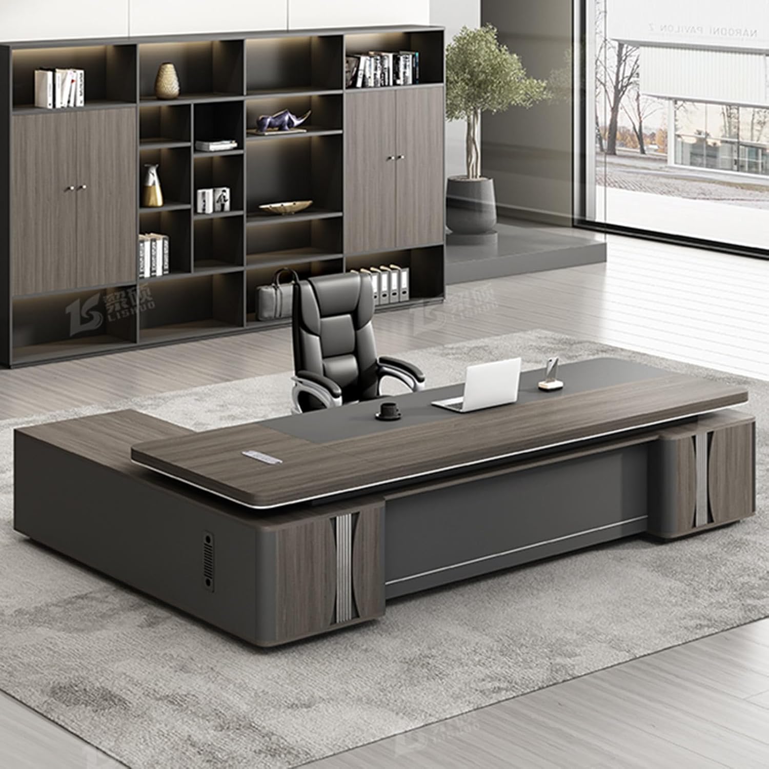 L-Shaped Brown Executive Office Desk Computer Desk with Lateral Cabinet Study Writing Table Business Furniture Set for CEO Boss