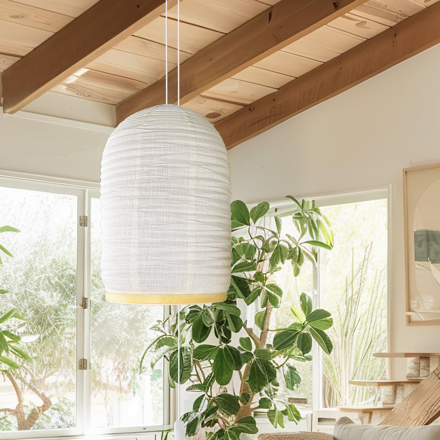 Luci a sospensione con cavo plug-in in lino da 15 pollici, beige, fatte a mano, lampada a sospensione per naturalismo e Zen, adatte per scene come camere da letto, soggiorno, corridoi
