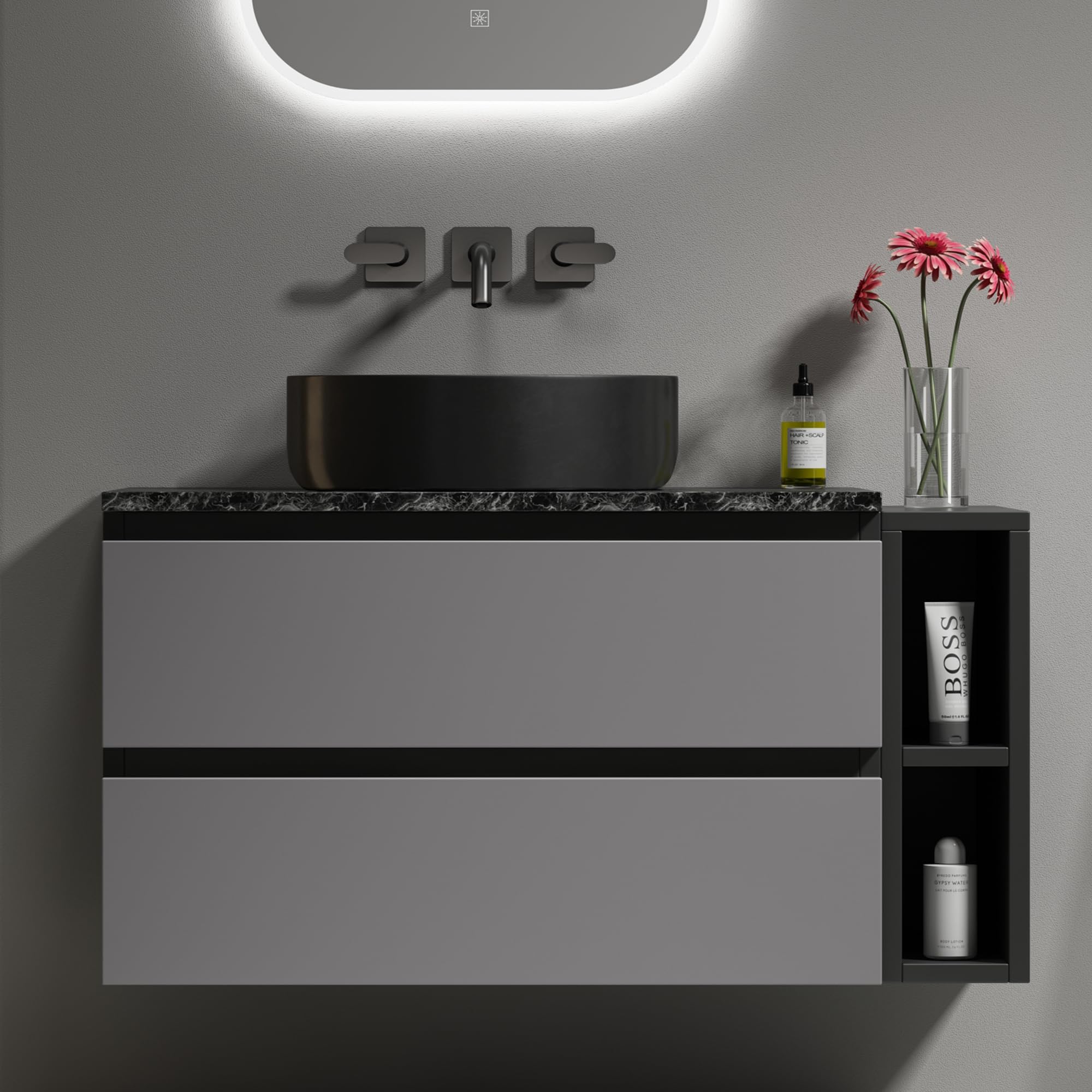 Mueble de lavabo suspendido de 80 cm de ancho, con lavabo de cerámica, con cajones, diseño moderno, color negro y gris