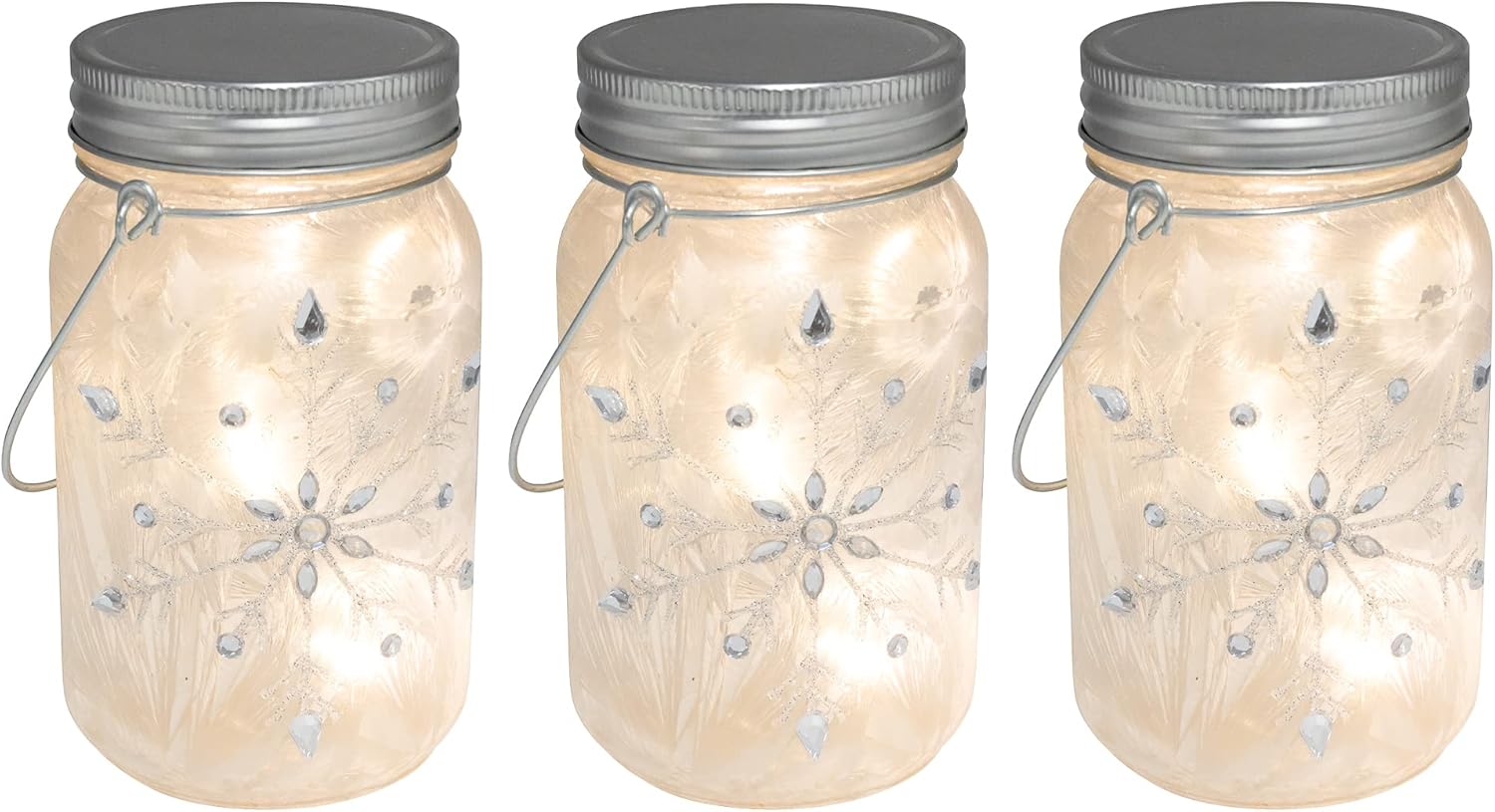 LumaBase Battery Operated Silver Snowflake Glass Mason Jars - Set of 3