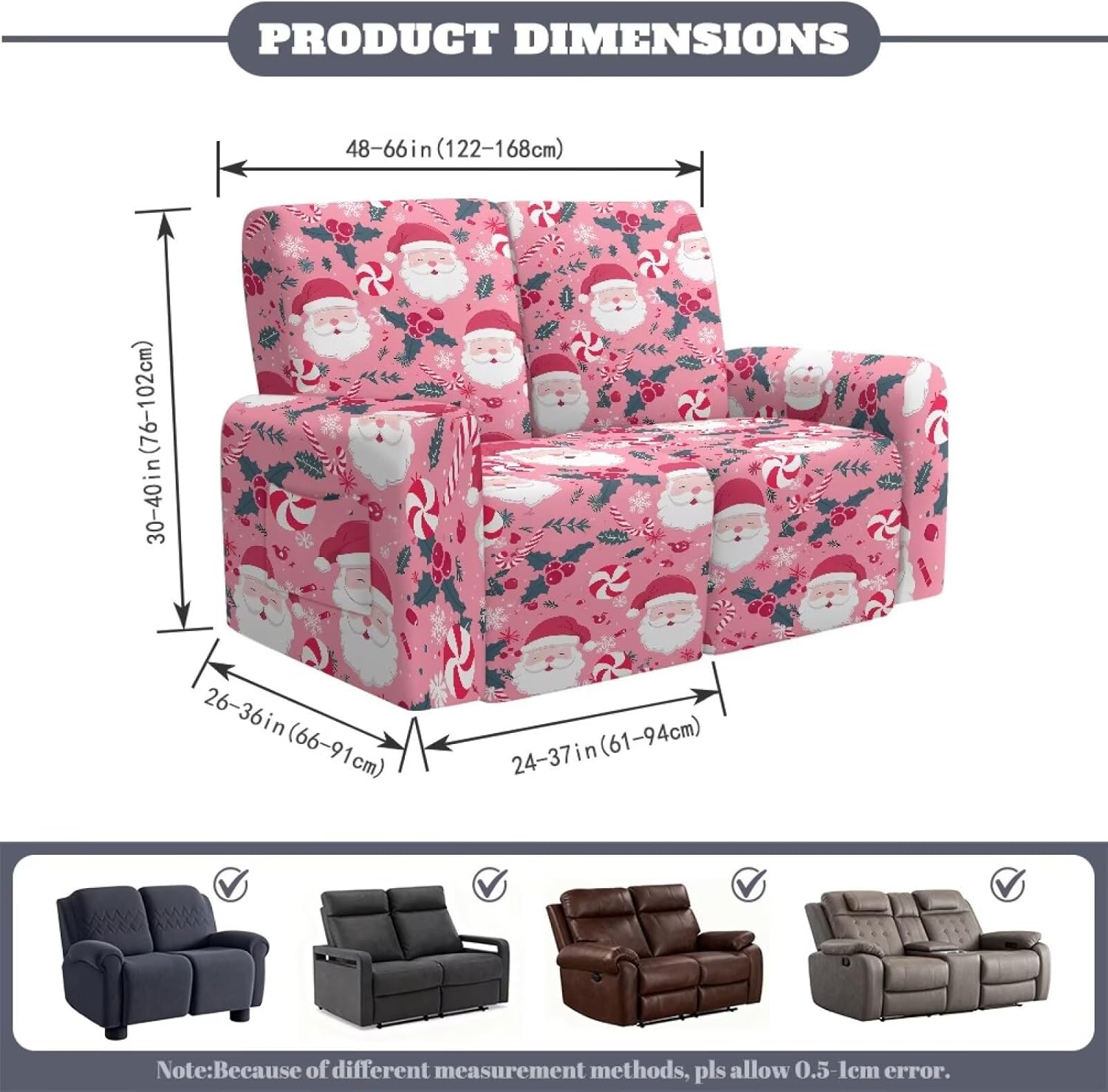 Loveseat Recliner Slipcovers, Santa Claus Stretch 2 Seater Loveseat Recliner Sofa Covers Elastic Polyester Couch Cover with Pocket Easy to Install Machine Washable Pink