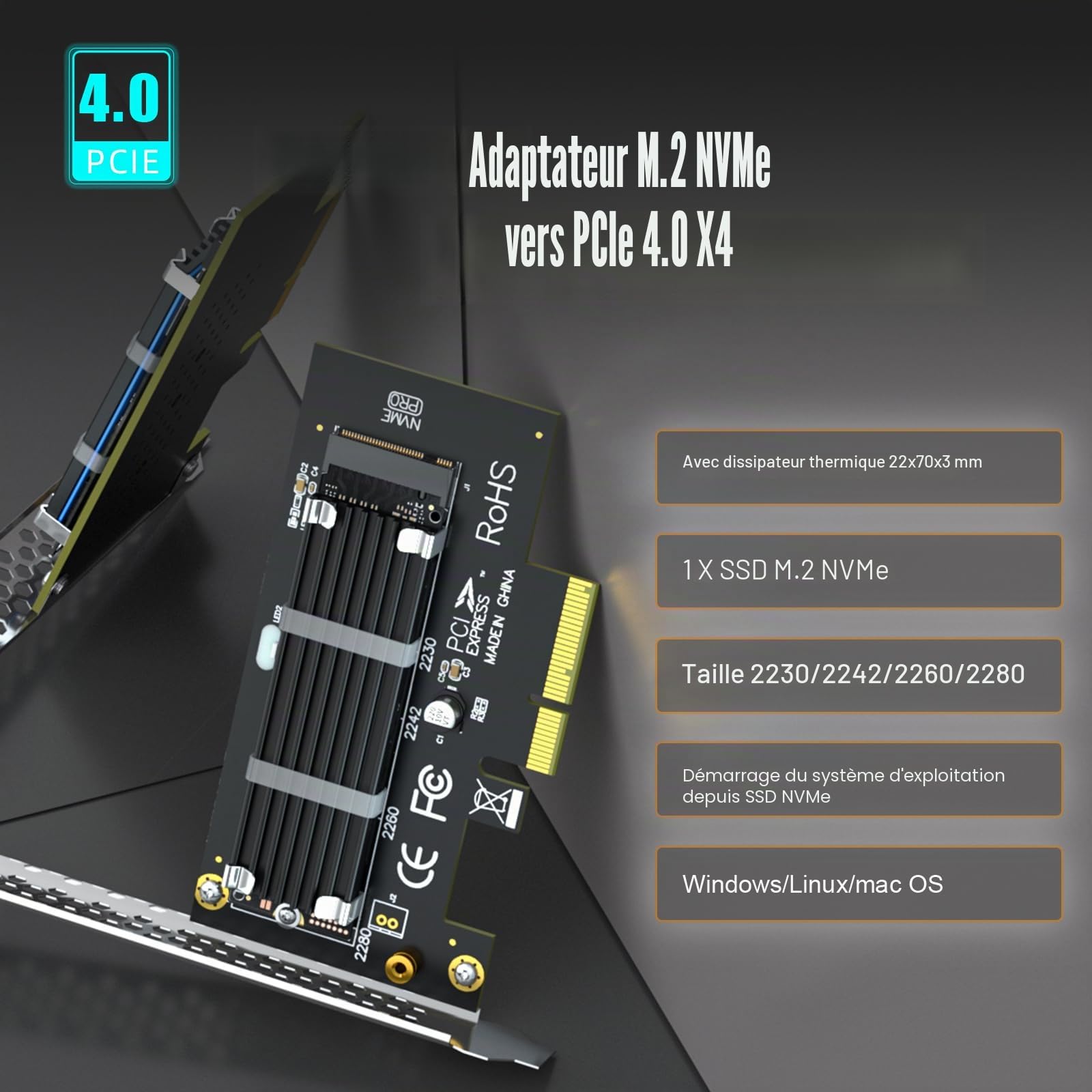 GLOTRENDS PA09-HS Adaptateur M.2 NVMe vers PCIe 4.0 X4 avec dissipateur Thermique pour SSD 2280/2260/2242/2230
