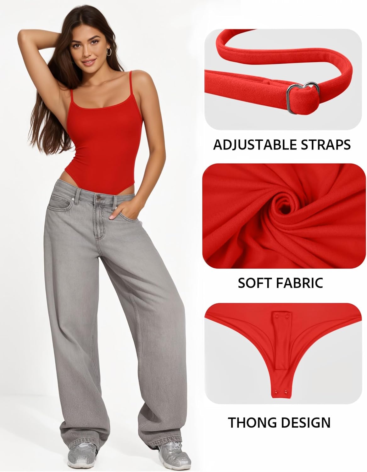 Womens 3 Pack Cami Body Suits Square Neck Thong Bodysuits Adjustable Spaghetti Strap Sexy Tank Tops Y2K Outfit 2026 - Image 4