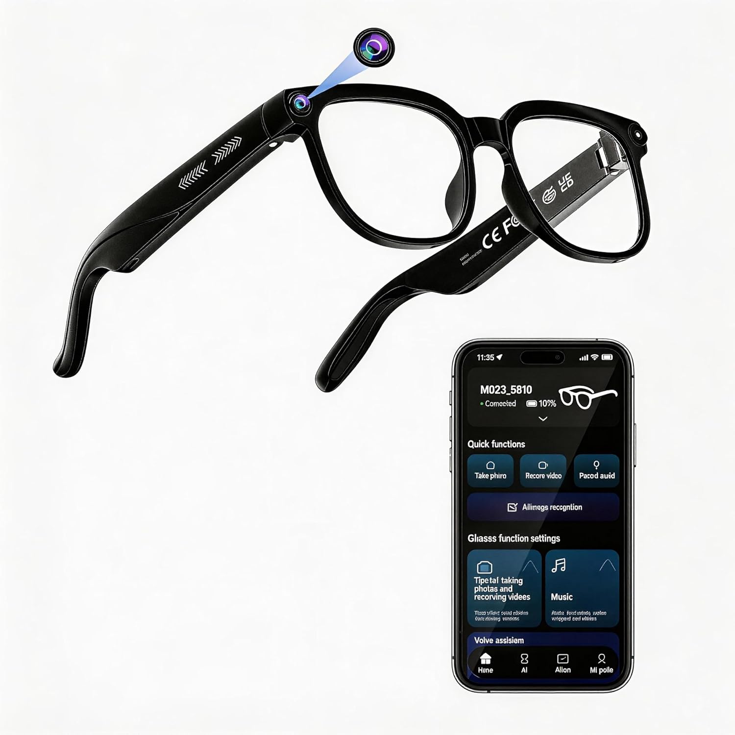 Smart Glasses with HD Camera, Recording Glasses,AI Voice Assistant, Bluetooth Call, Remote Photo and Video, Directional Sound, 290mAh Battery, App Control