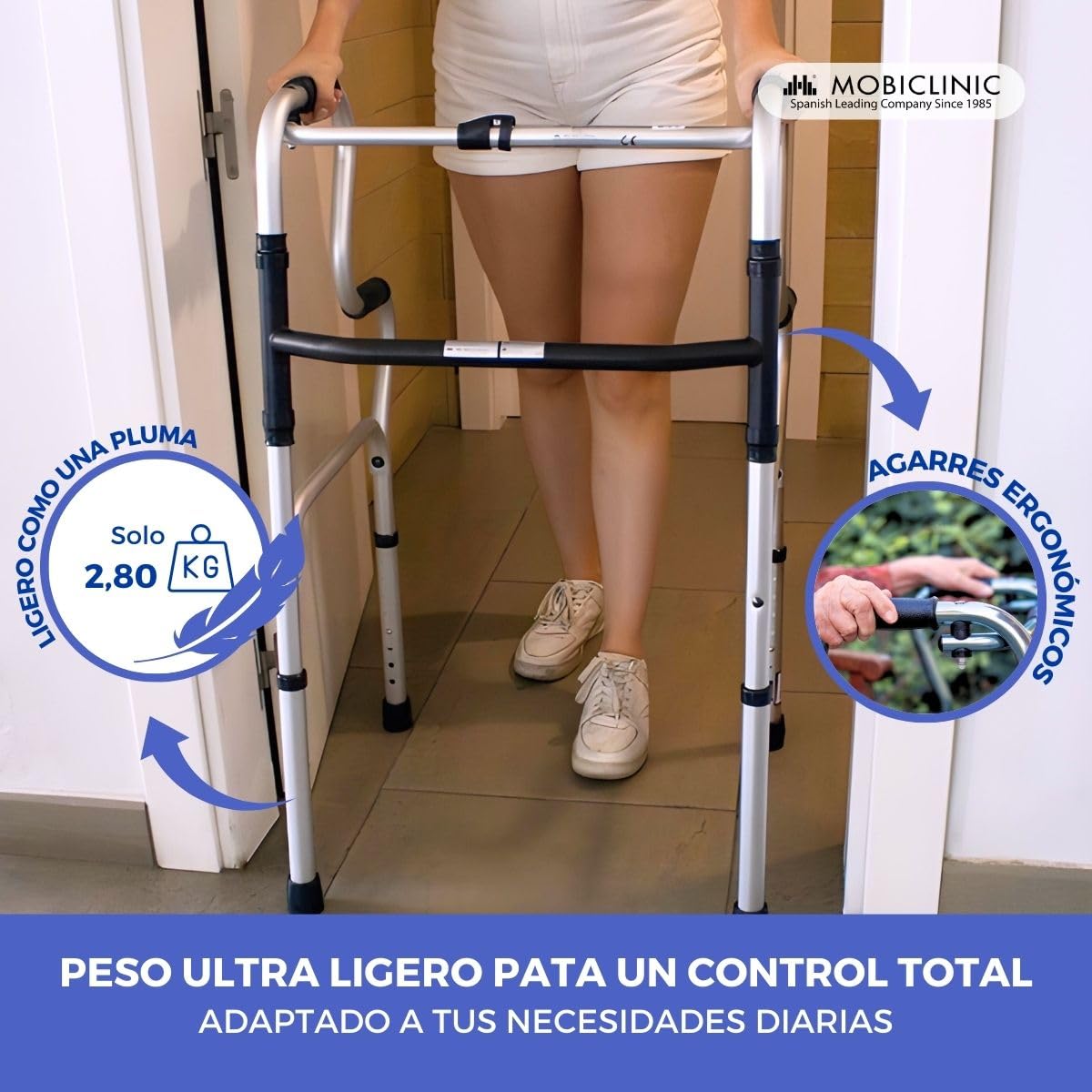 Mobiclinic®, Andador para ancianos, Pórtico, Aluminio, Marca española, Plegable, Conteras antideslizantes, Ligero, Altura regulable, Sin ruedas, 4 apoyos, Personas mayores, Adultos